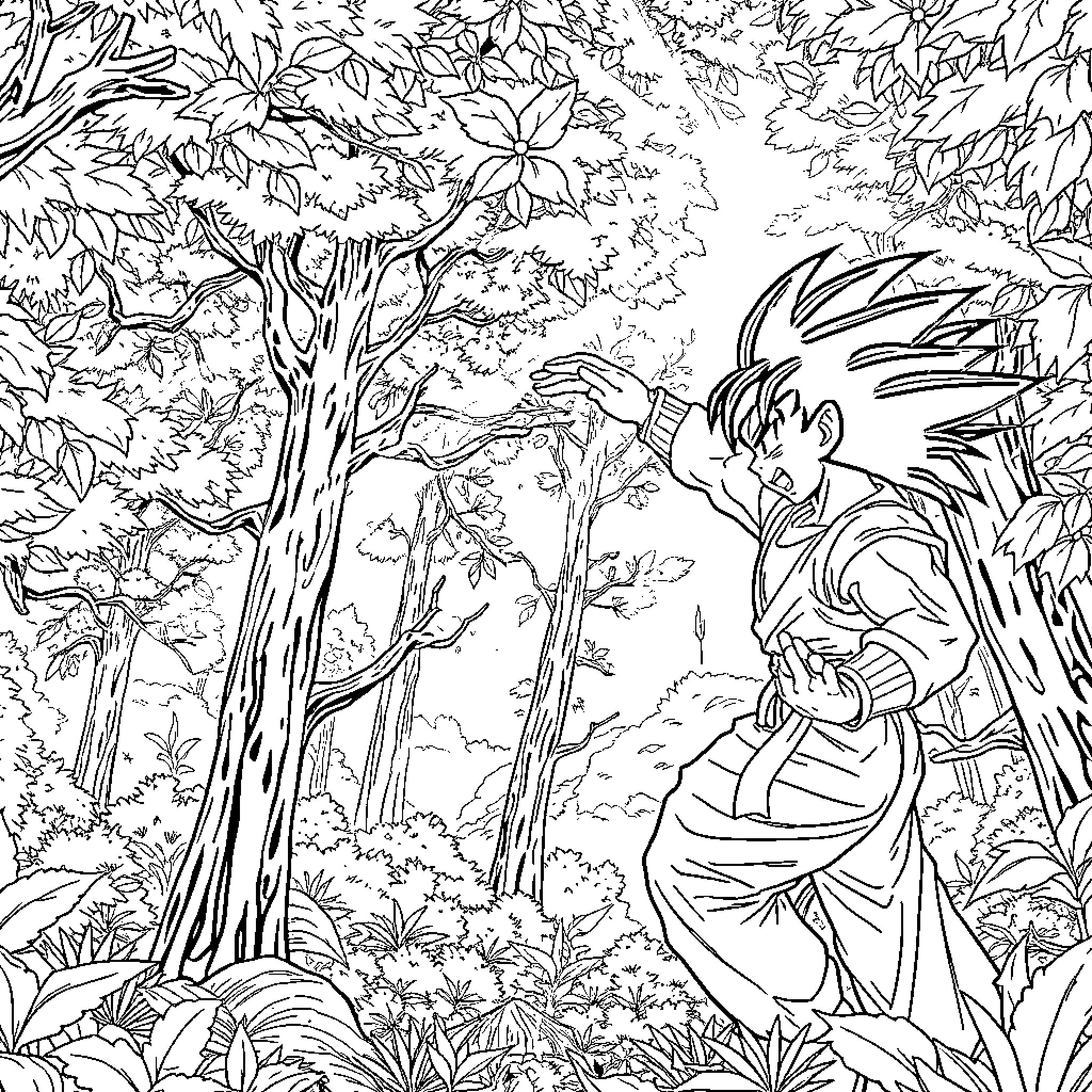 Goku in a serene forest landscape Coloring Page (free black-and-white line drawing printable PDF for all, from beginners to advanced learners, including children, teens, adults, and seniors)