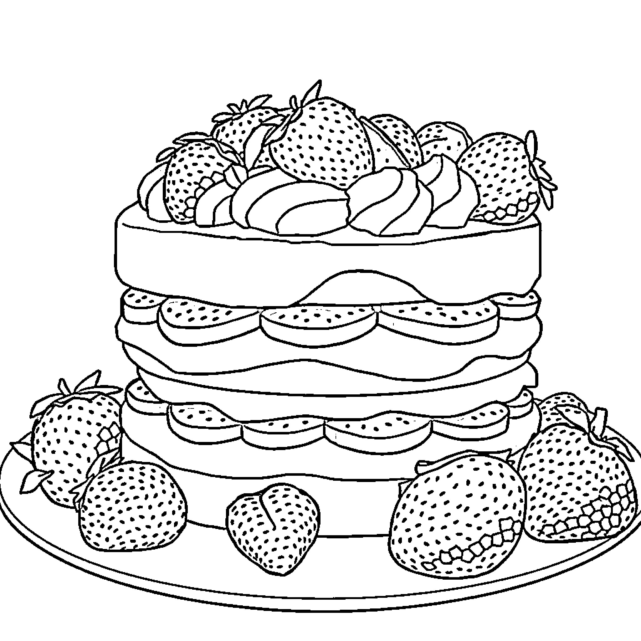 Strawberry Shortcake with Layered Cake and Berries Coloring Page (free black-and-white line drawing printable PDF for all, from beginners to advanced learners, including children, teens, adults, and seniors)