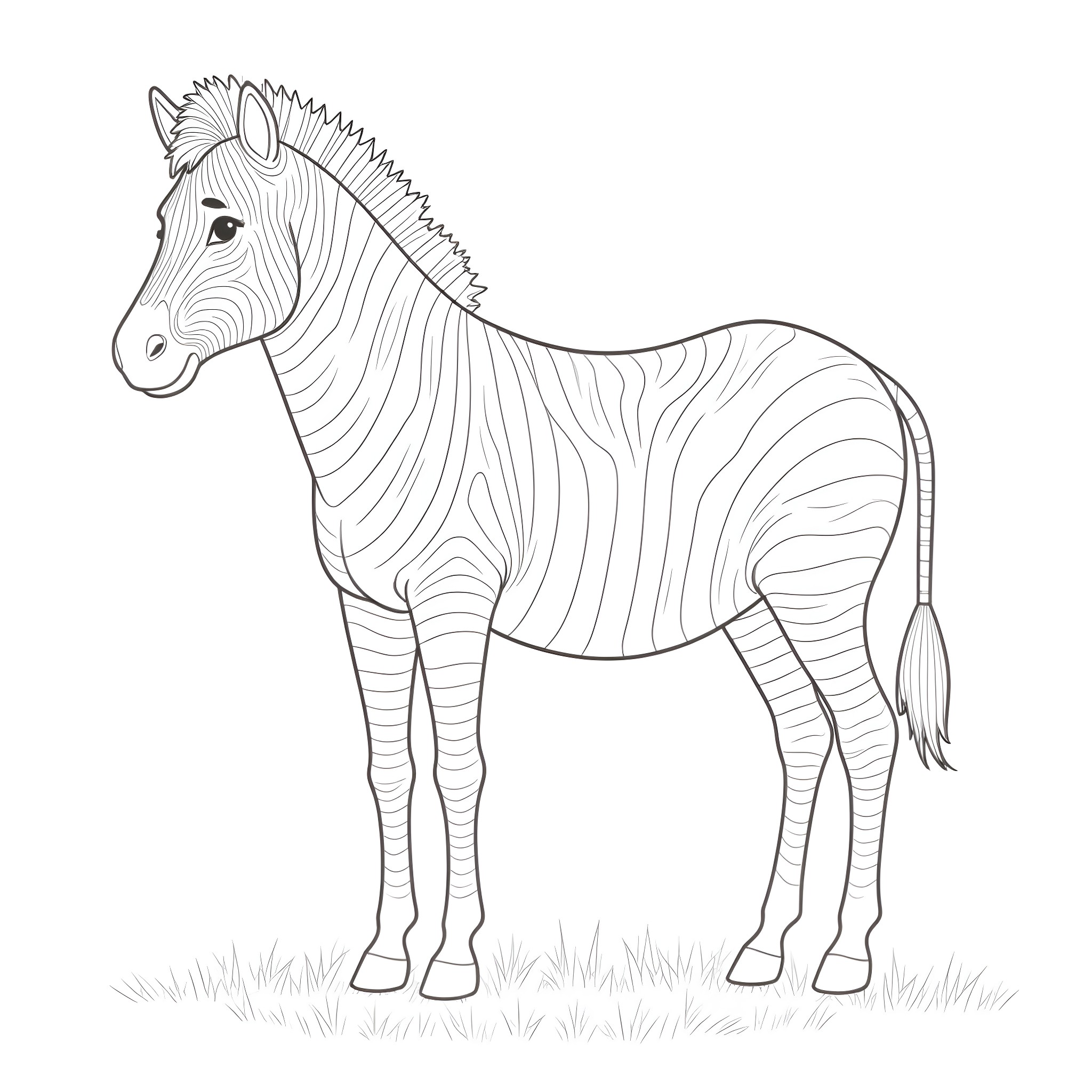 Zebra standing in grass field Coloring Page (free black-and-white line drawing printable PDF for all, from beginners to advanced learners, including children, teens, adults, and seniors)