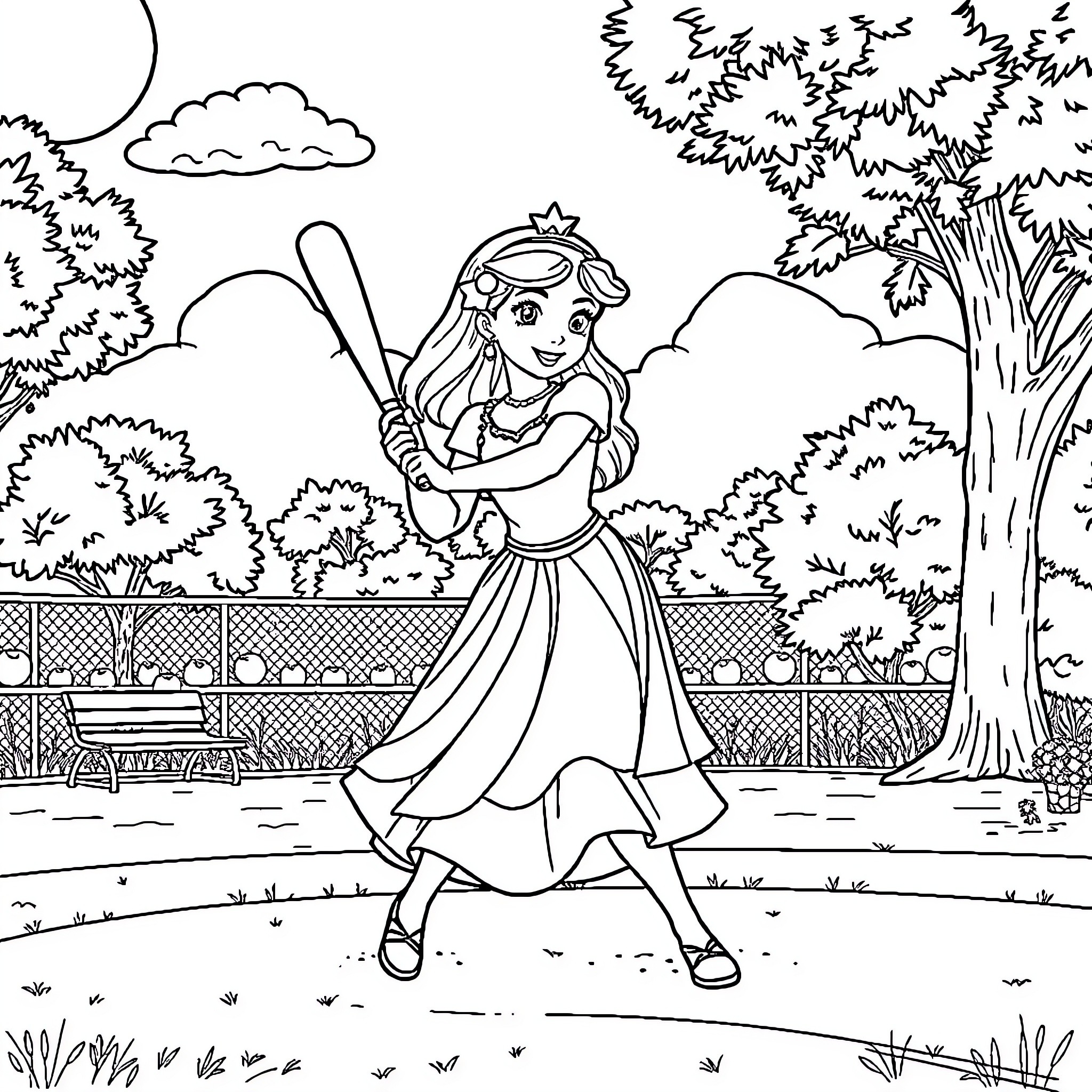 Princess playing baseball in a scenic park Coloring Page (free black-and-white line drawing printable PDF for all, from beginners to advanced learners, including children, teens, adults, and seniors)