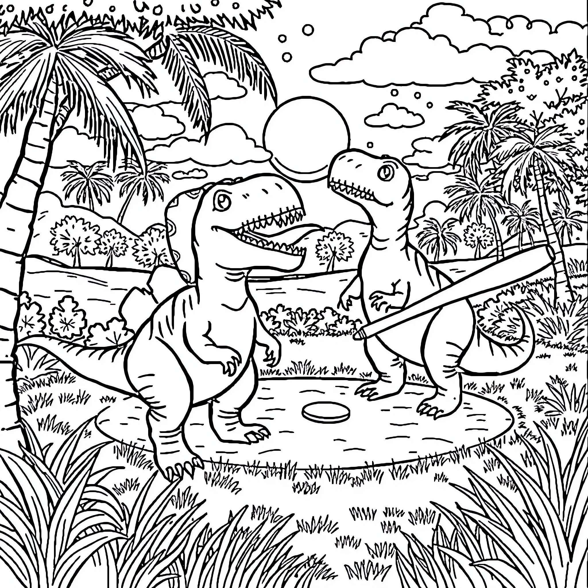 Dinosaurs in a Tropical Landscape Coloring Page (free black-and-white line drawing printable PDF for all, from beginners to advanced learners, including children, teens, adults, and seniors)