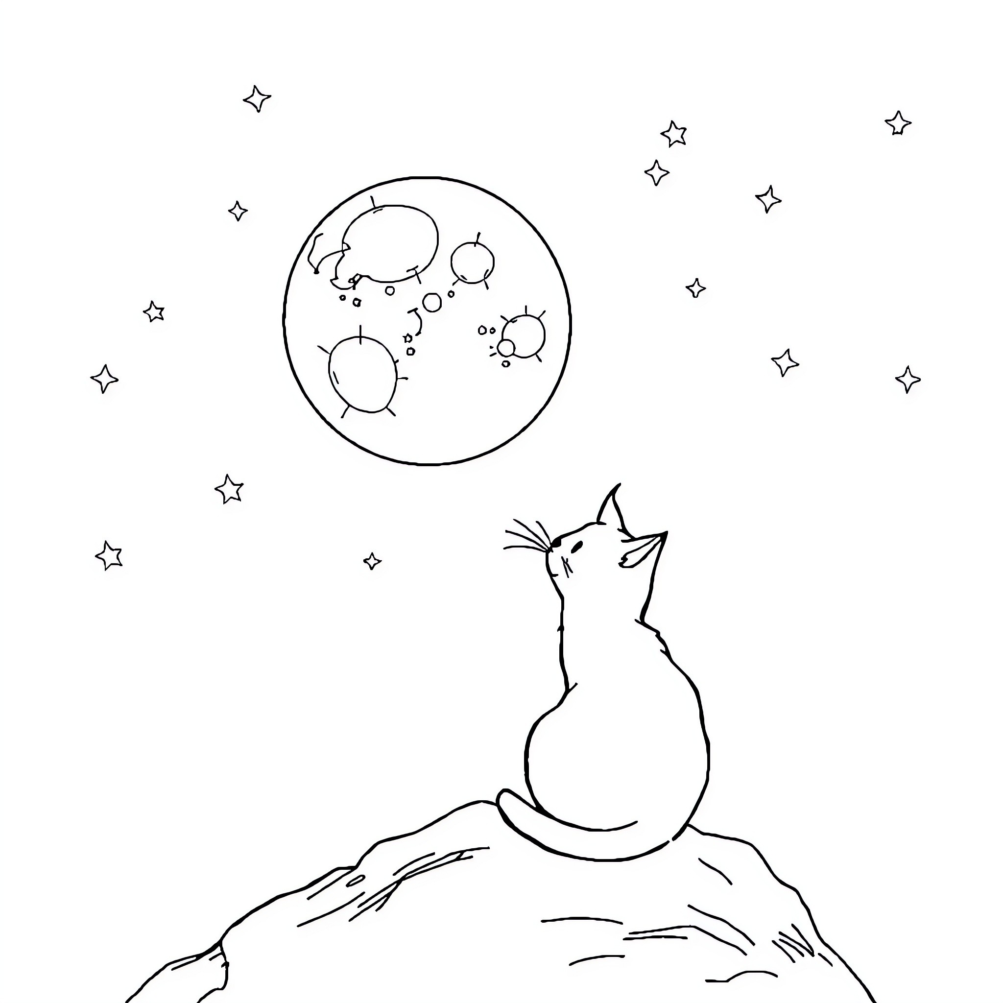 Cat gazing at starry night sky Coloring Page (free black-and-white line drawing printable PDF for all, from beginners to advanced learners, including children, teens, adults, and seniors)
