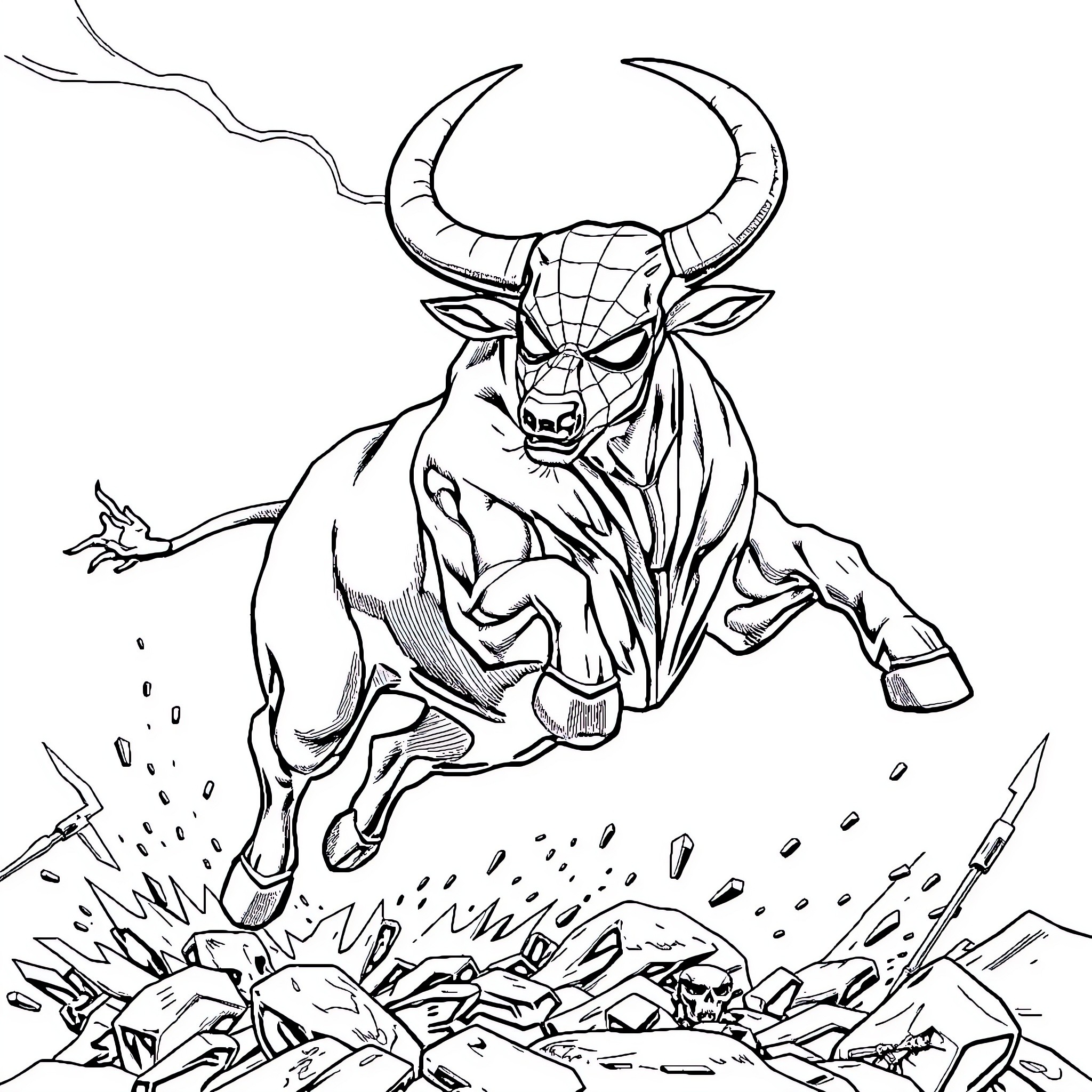 Bull charging through rocky terrain Coloring Page (free black-and-white line drawing printable PDF for all, from beginners to advanced learners, including children, teens, adults, and seniors)