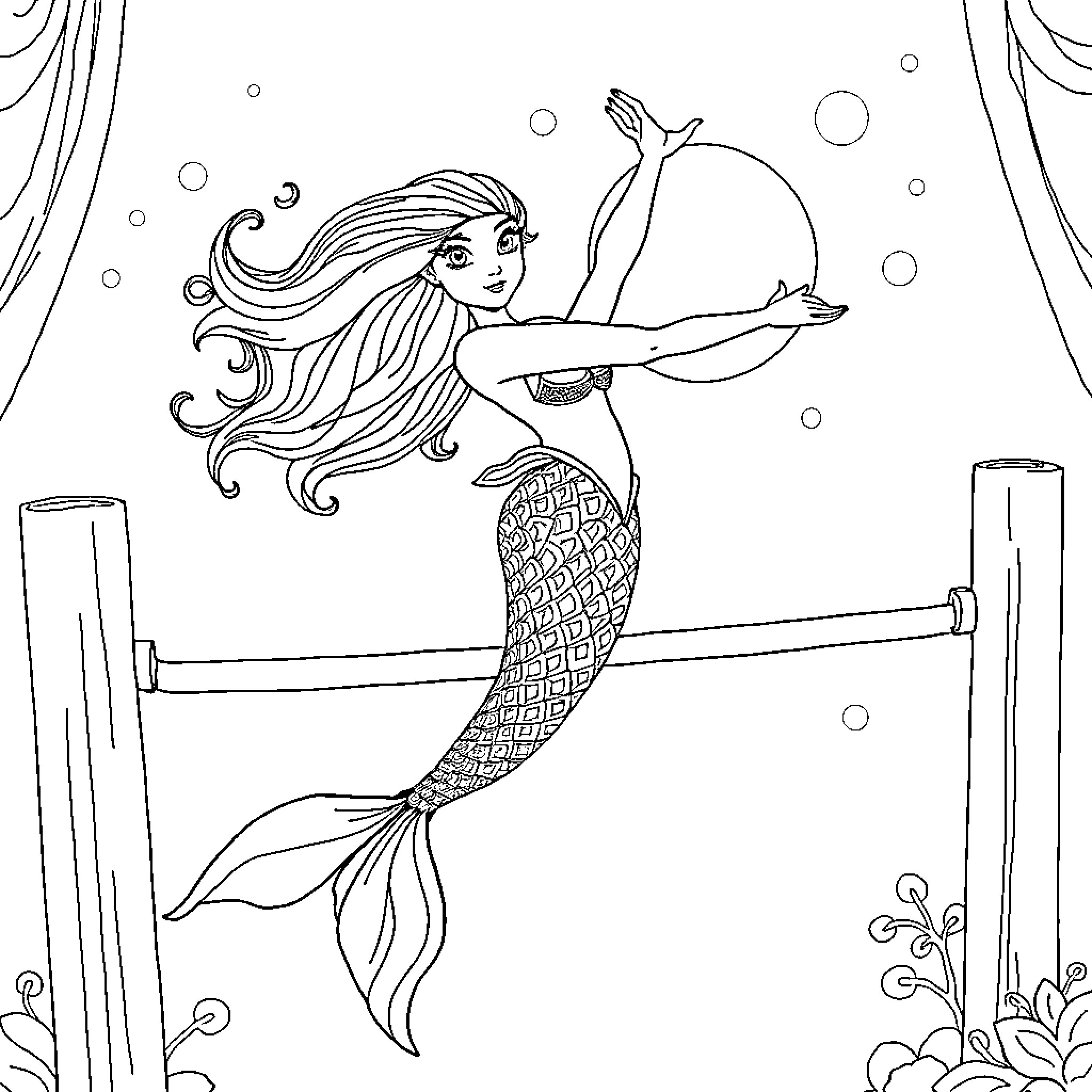 Mermaid swimming gracefully underwater Coloring Page (free black-and-white line drawing printable PDF for all, from beginners to advanced learners, including children, teens, adults, and seniors)