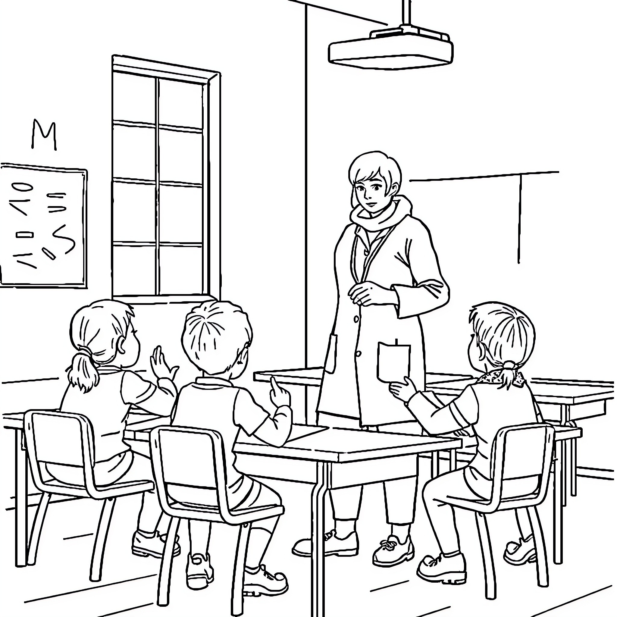 Gymdocent Guiding Young Students in Classroom Coloring Page (free black-and-white line drawing printable PDF for all, from beginners to advanced learners, including children, teens, adults, and seniors)
