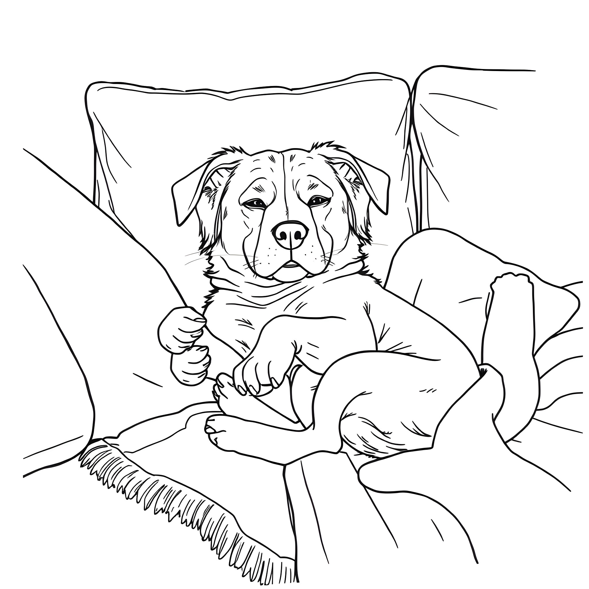 Dog resting comfortably on a cozy blanket Coloring Page (free black-and-white line drawing printable PDF for all, from beginners to advanced learners, including children, teens, adults, and seniors)