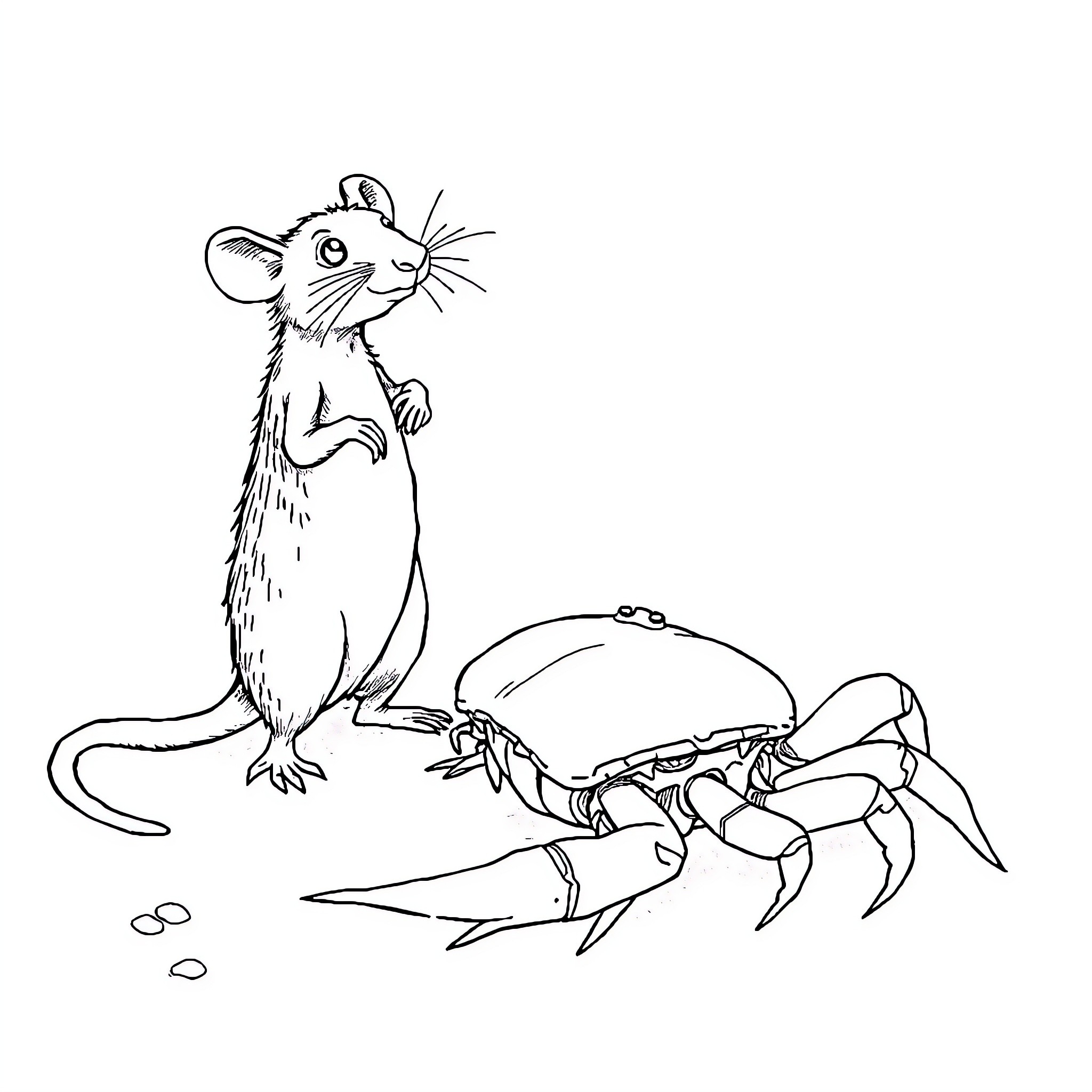 Rat encountering a crab in a natural setting Coloring Page (free black-and-white line drawing printable PDF for all, from beginners to advanced learners, including children, teens, adults, and seniors)