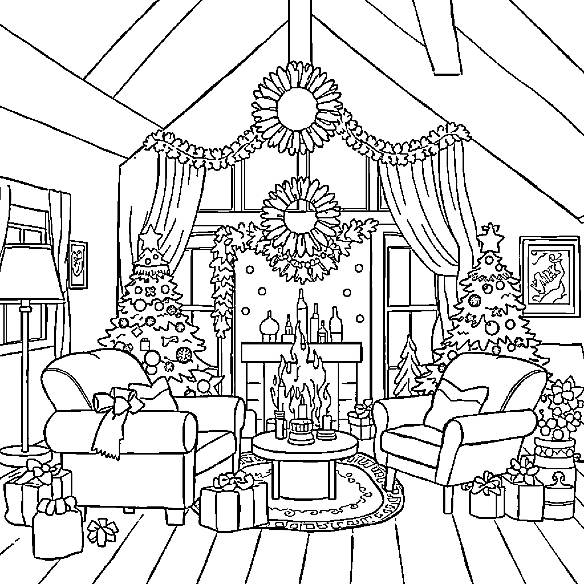Fête of Festive Interior with Decorations Coloring Page (free black-and-white line drawing printable PDF for all, from beginners to advanced learners, including children, teens, adults, and seniors)