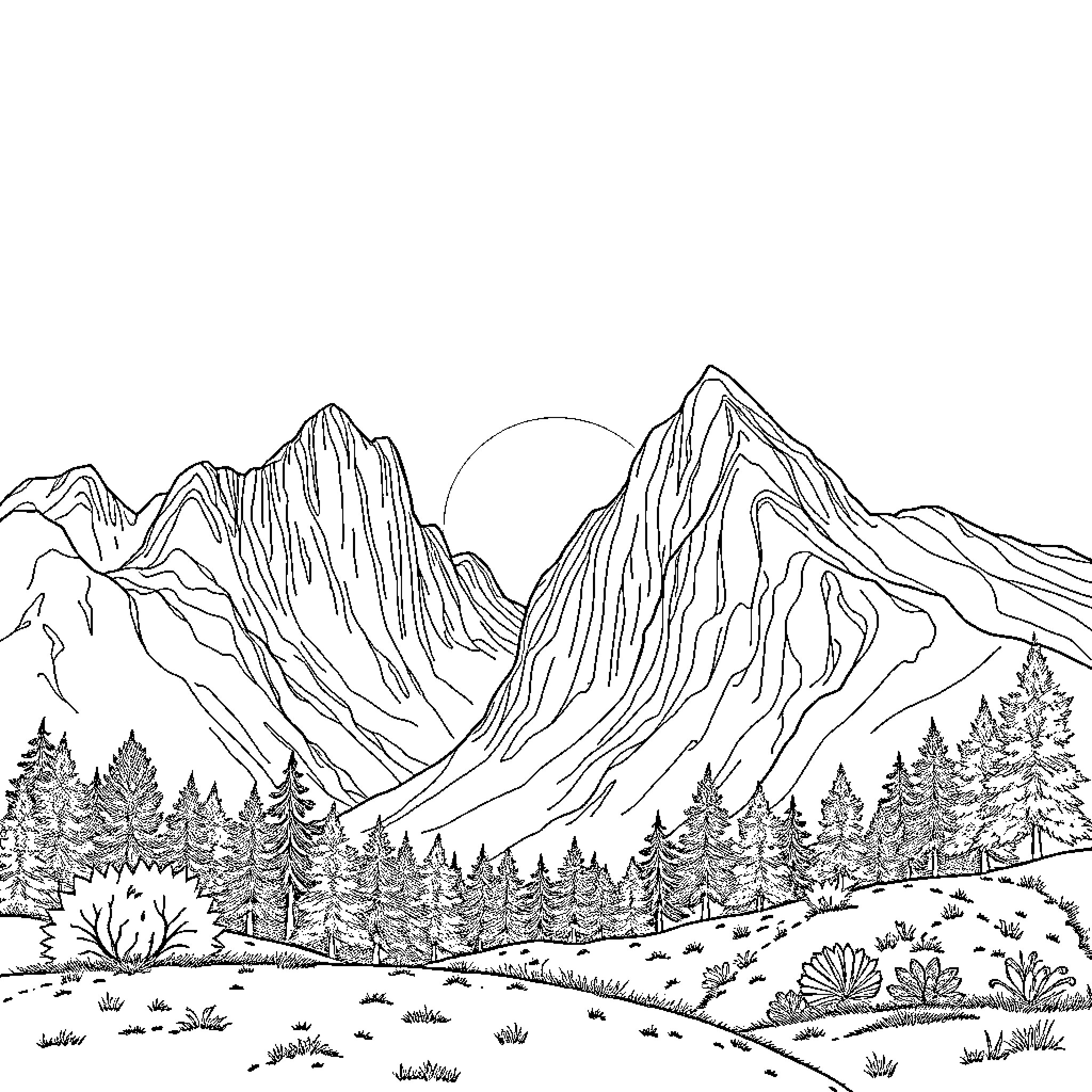 Sun shining over majestic mountain landscape Coloring Page (free black-and-white line drawing printable PDF for all, from beginners to advanced learners, including children, teens, adults, and seniors)