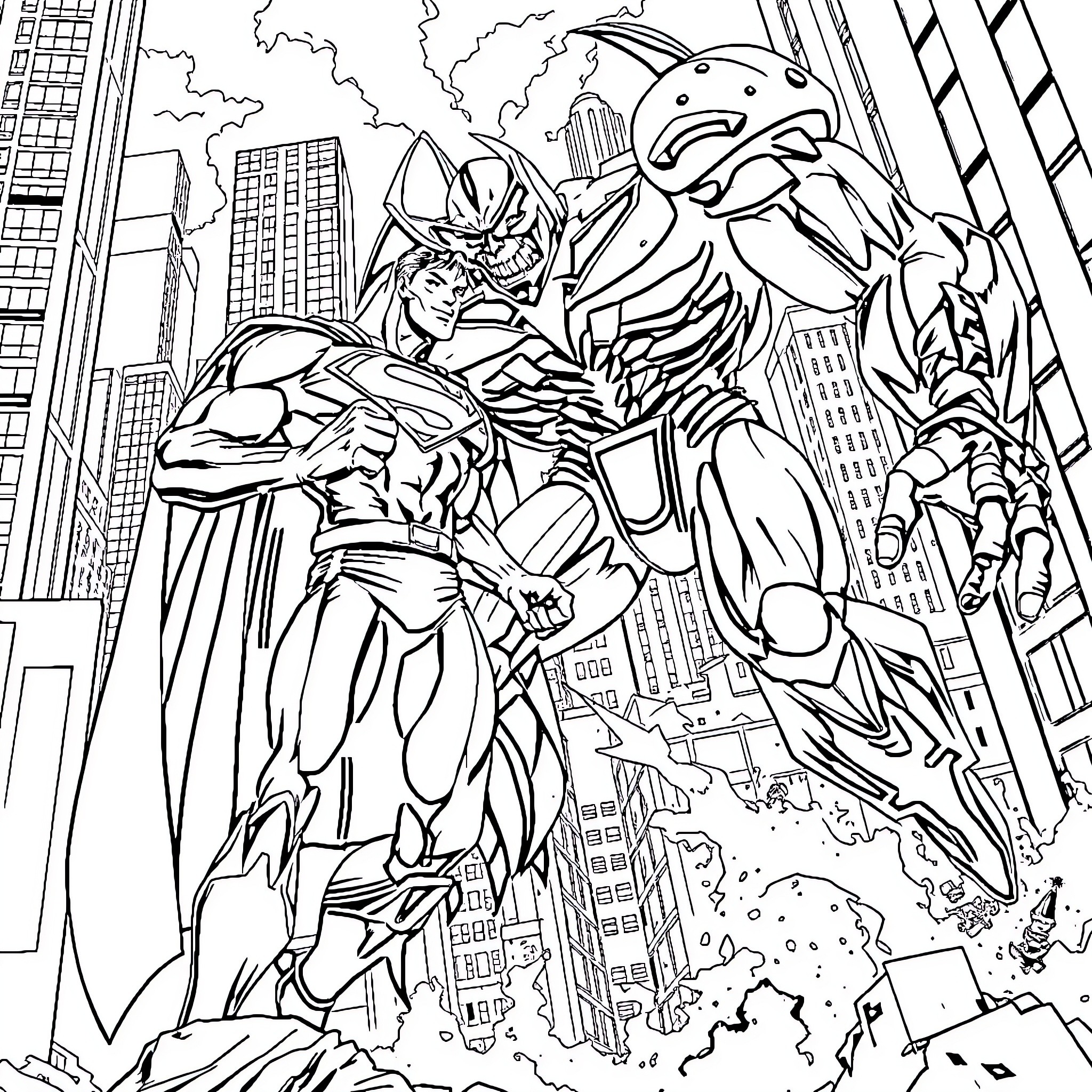 Superman battles a mighty villain in the city Coloring Page (free black-and-white line drawing printable PDF for all, from beginners to advanced learners, including children, teens, adults, and seniors)