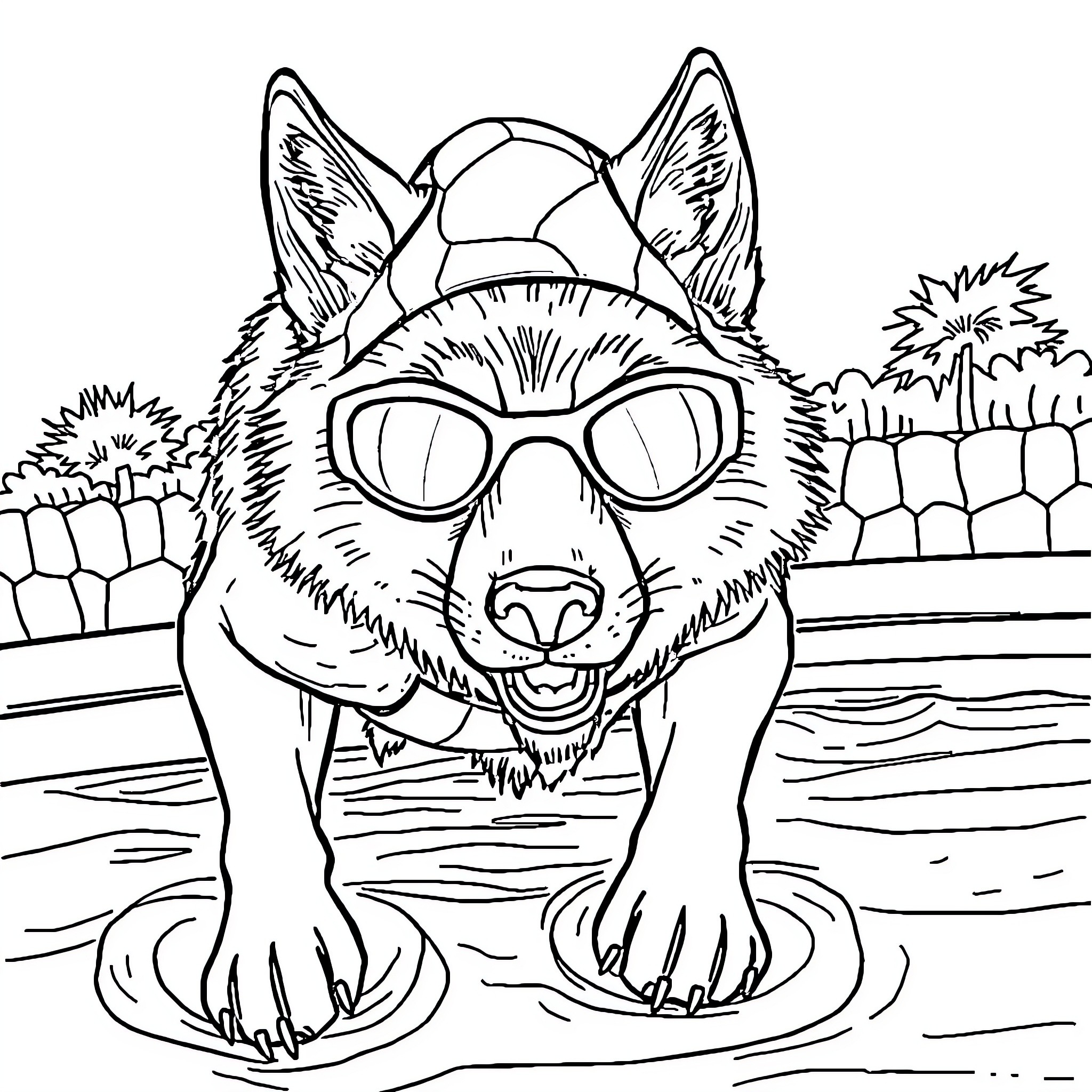 Wolf enjoying a day at the beach Coloring Page (free black-and-white line drawing printable PDF for all, from beginners to advanced learners, including children, teens, adults, and seniors)