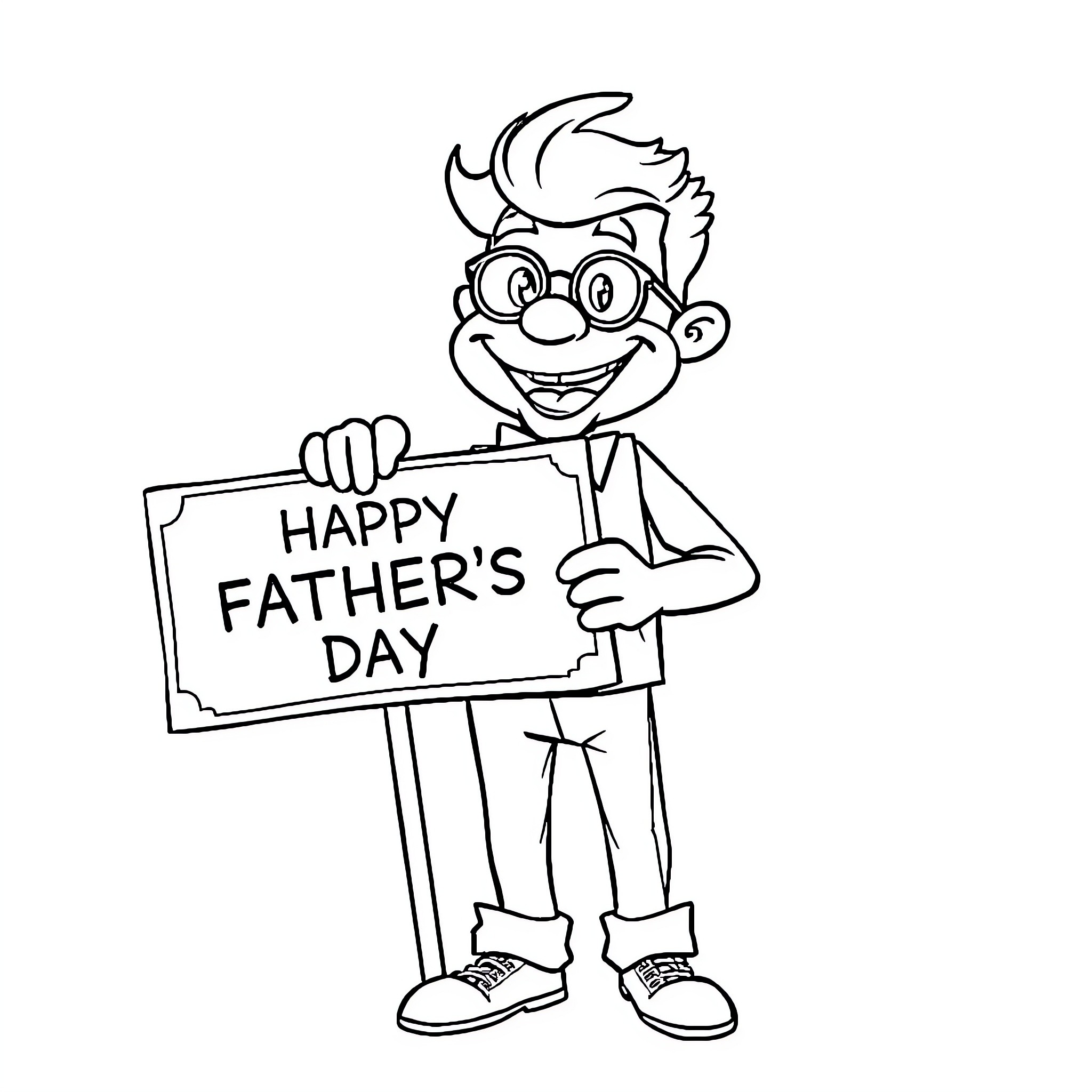 Father celebrates Happy Father's Day with sign Coloring Page (free black-and-white line drawing printable PDF for all, from beginners to advanced learners, including children, teens, adults, and seniors)