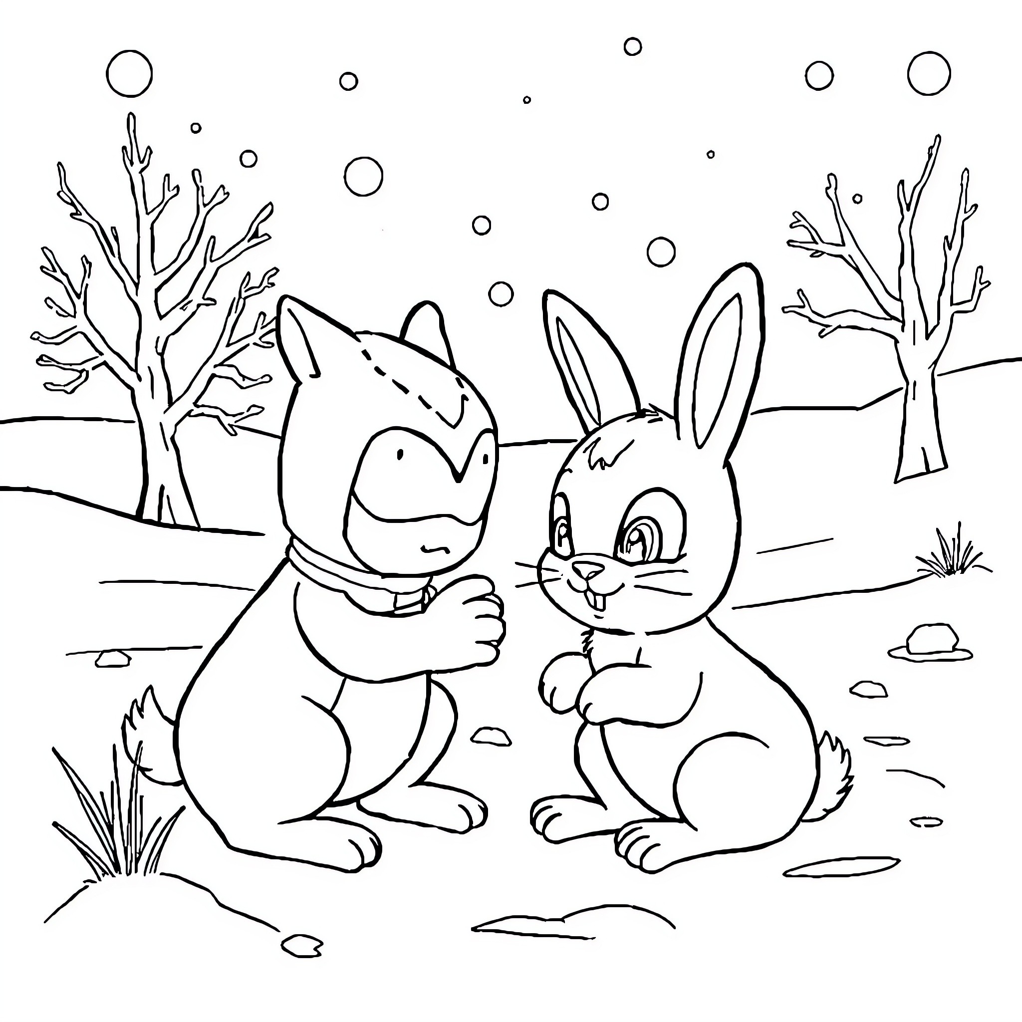 Sub Zero Friends Playing in the Wintry Landscape Coloring Page (free black-and-white line drawing printable PDF for all, from beginners to advanced learners, including children, teens, adults, and seniors)