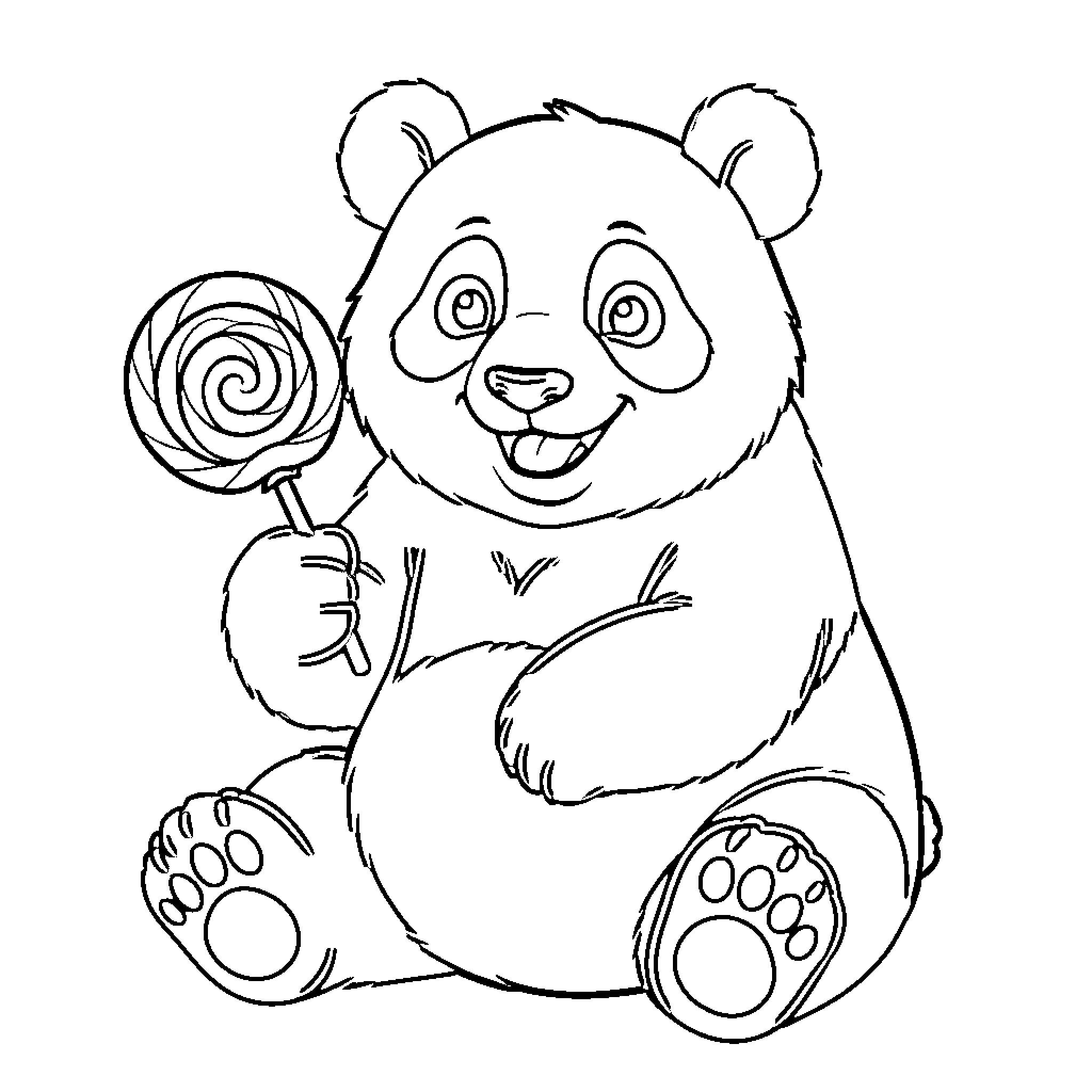 Panda sitting happily while holding a large lollipop Coloring Page (free black-and-white line drawing printable PDF for all, from beginners to advanced learners, including children, teens, adults, and seniors)
