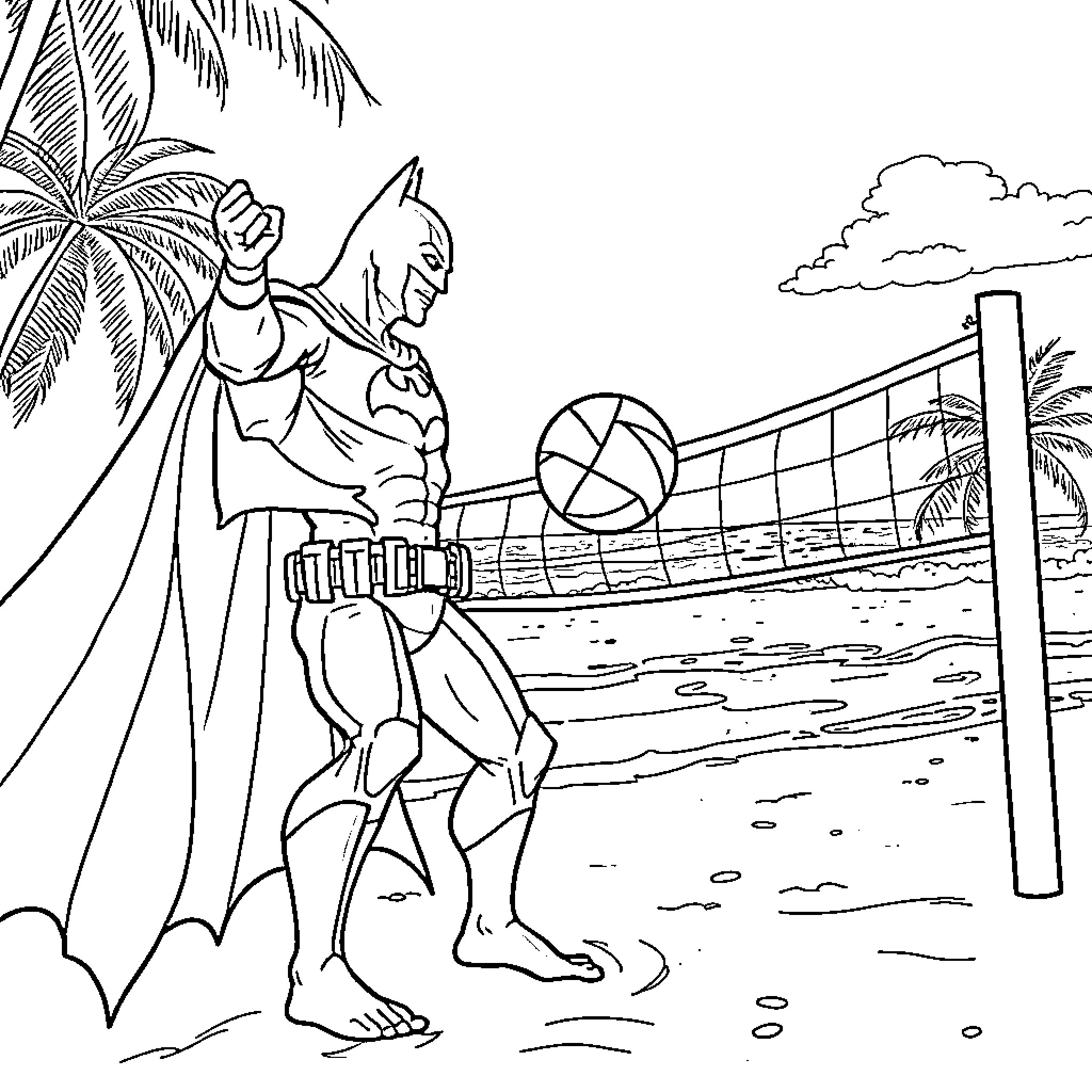 Batman enjoying beach volleyball on tropical island Coloring Page (free black-and-white line drawing printable PDF for all, from beginners to advanced learners, including children, teens, adults, and seniors)