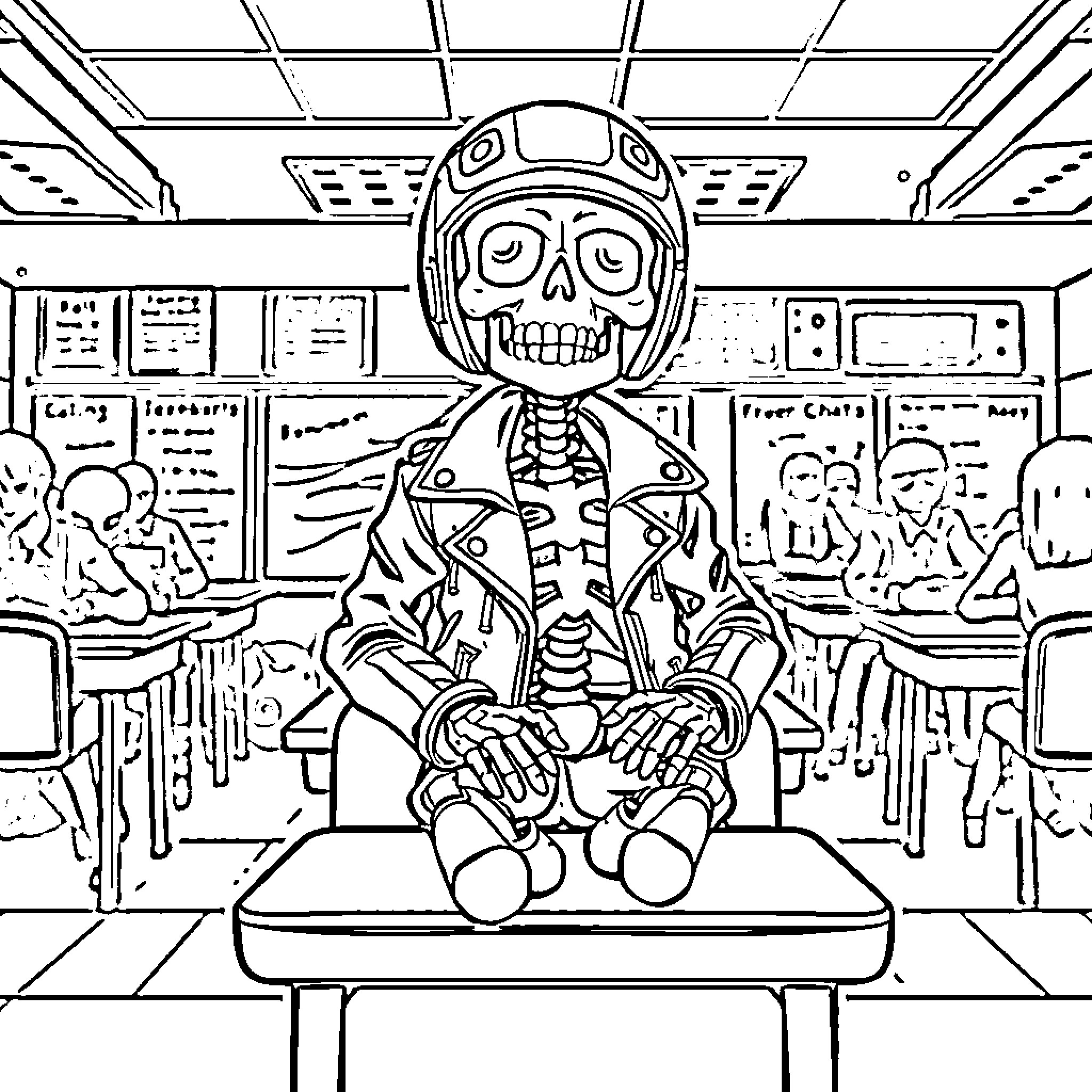 Biker Skeleton Rides Through Classroom Coloring Page (free black-and-white line drawing printable PDF for all, from beginners to advanced learners, including children, teens, adults, and seniors)