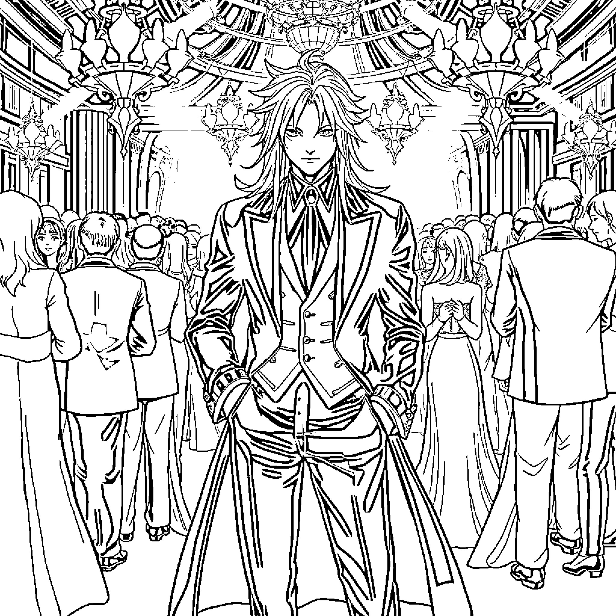 Sephiroth's Regal Appearance in a Formal Gathering Coloring Page (free black-and-white line drawing printable PDF for all, from beginners to advanced learners, including children, teens, adults, and seniors)