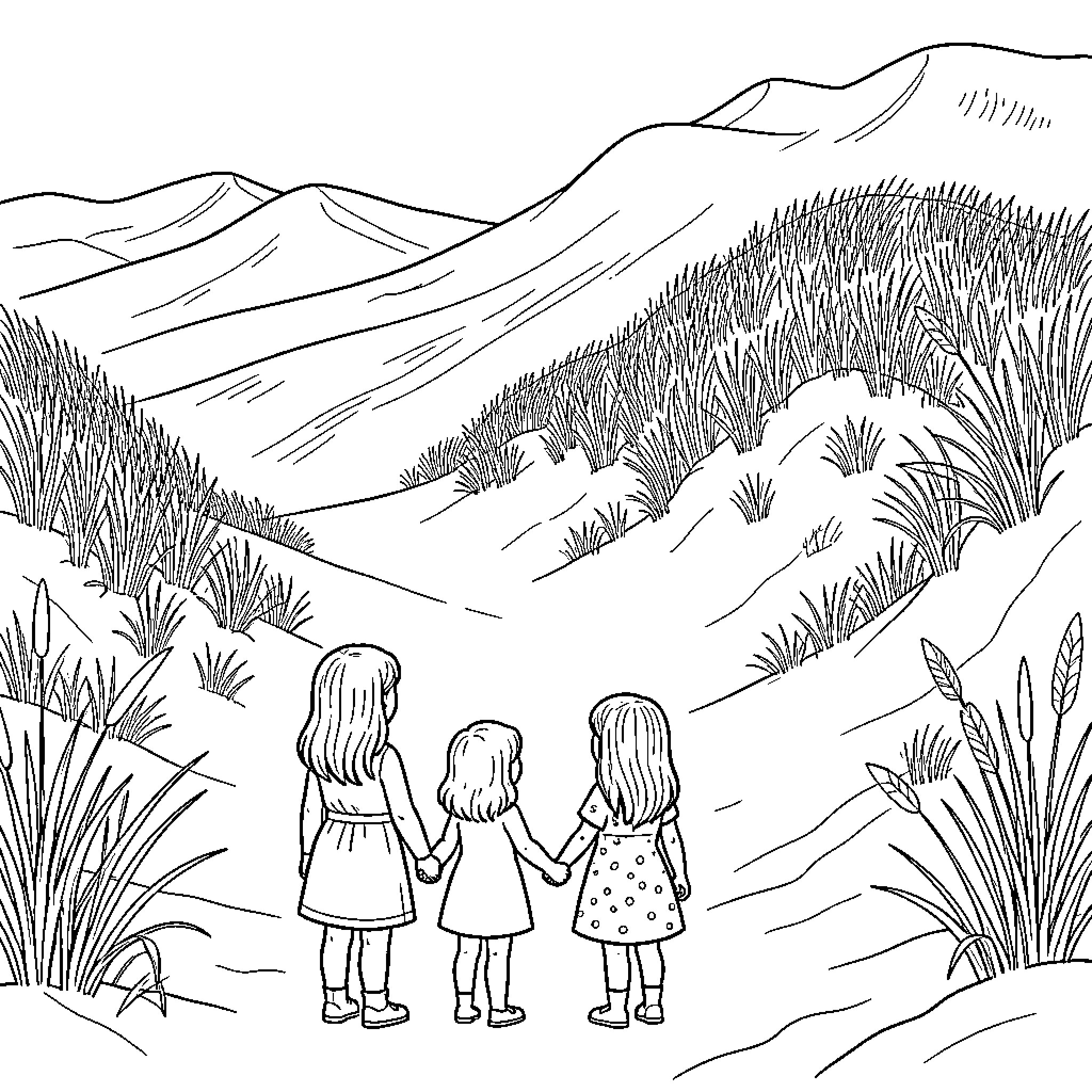 Family of three children walking through sand dunes Coloring Page (free black-and-white line drawing printable PDF for all, from beginners to advanced learners, including children, teens, adults, and seniors)