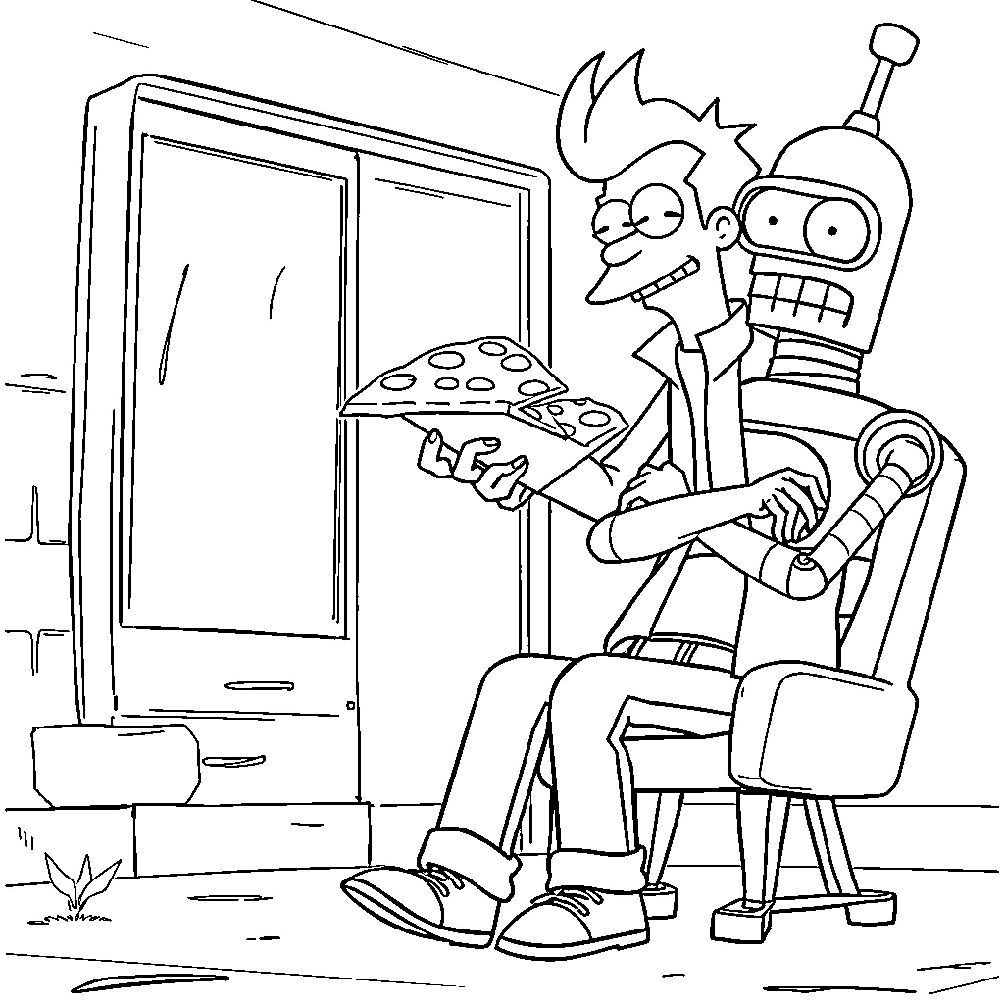 Fry and Bender enjoying a slice of pizza at home Coloring Page (free black-and-white line drawing printable PDF for all, from beginners to advanced learners, including children, teens, adults, and seniors)