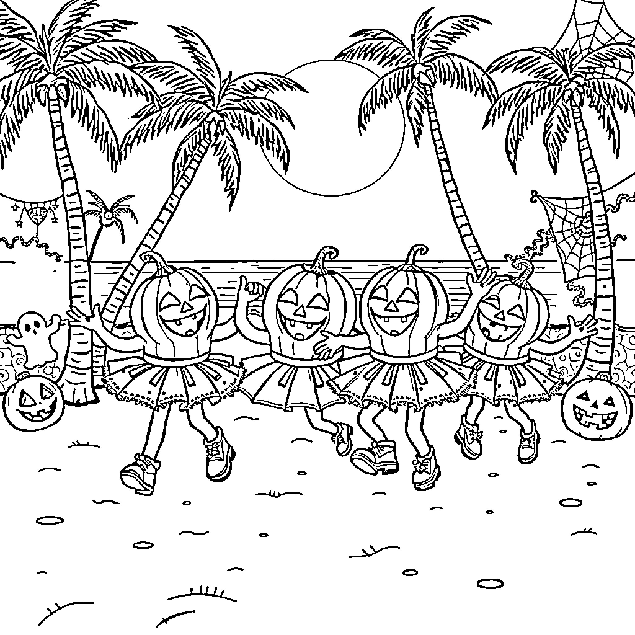 Pumpkin dancers in tropical island paradise Coloring Page (free black-and-white line drawing printable PDF for all, from beginners to advanced learners, including children, teens, adults, and seniors)