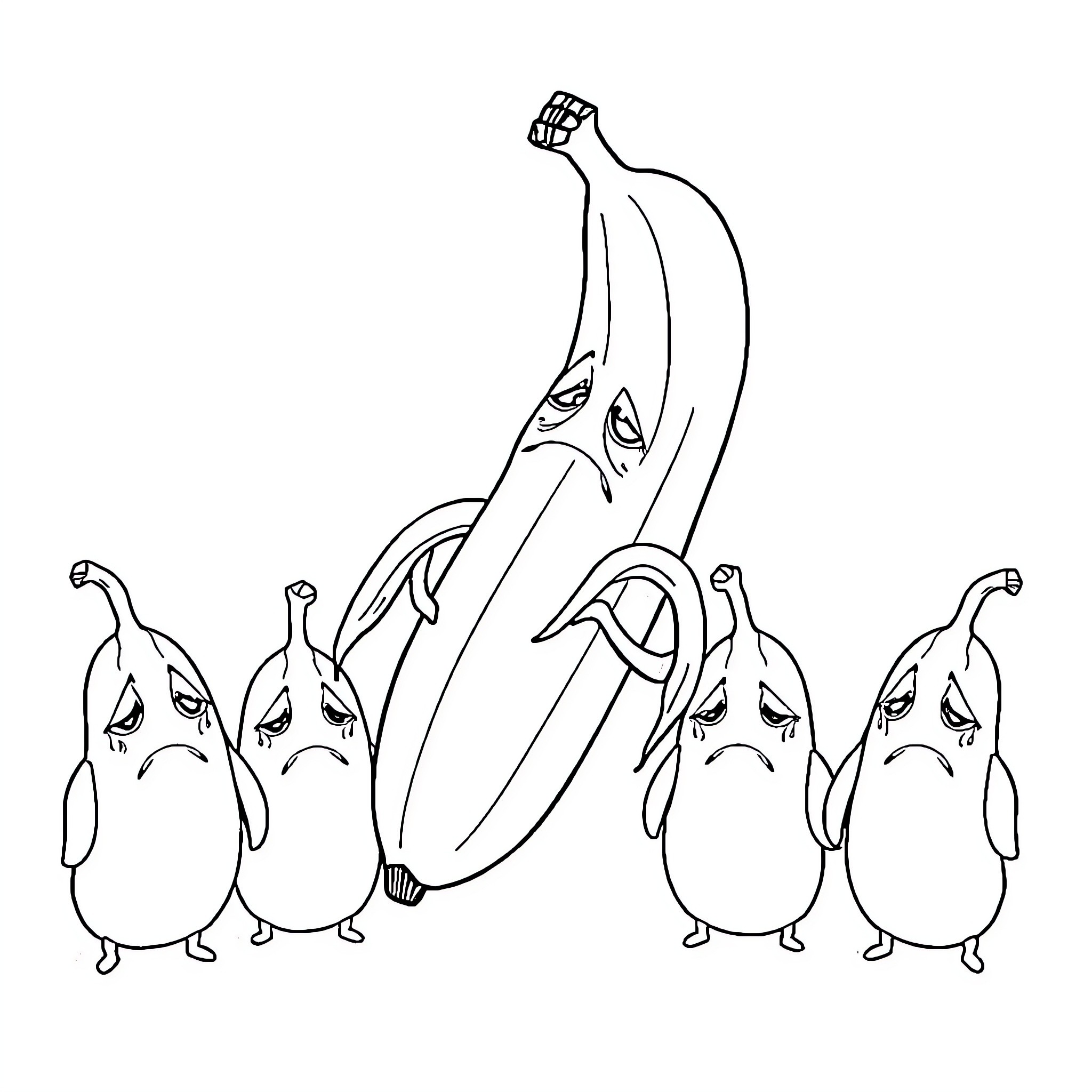 Banana bunch with comical expressions Coloring Page (free black-and-white line drawing printable PDF for all, from beginners to advanced learners, including children, teens, adults, and seniors)