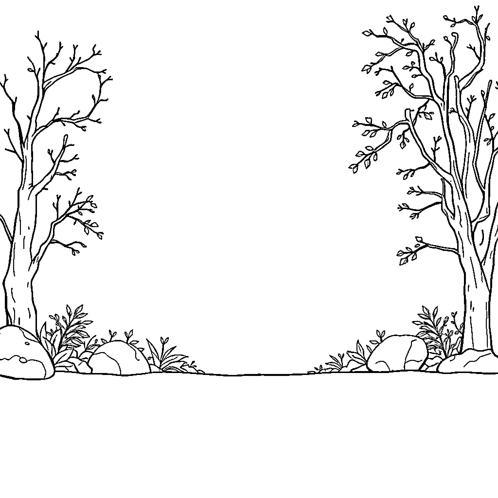 Abstract Nature Landscape with Bare Trees Coloring Page (free black-and-white line drawing printable PDF for all, from beginners to advanced learners, including children, teens, adults, and seniors)