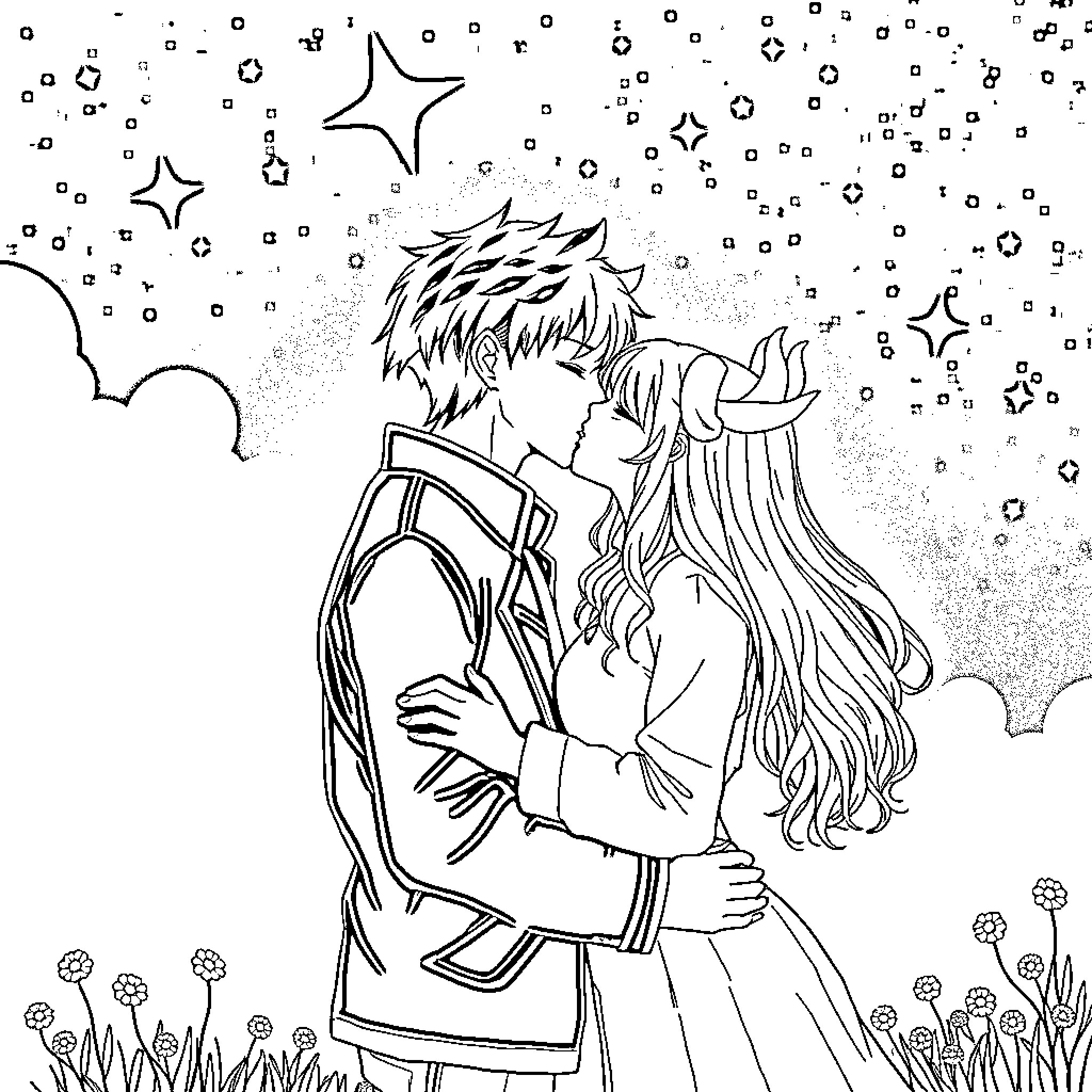 Jinu's Starry Night Embrace Coloring Page (free black-and-white line drawing printable PDF for all, from beginners to advanced learners, including children, teens, adults, and seniors)