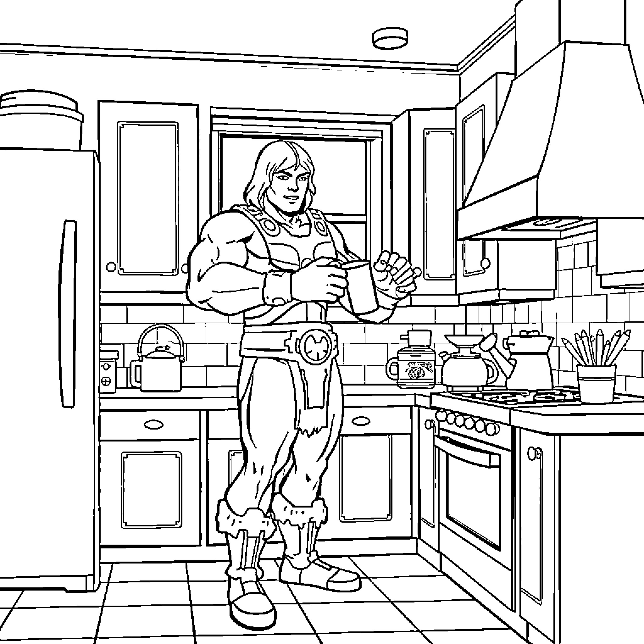 He-Man Flexing Muscles in Domestic Kitchen Coloring Page (free black-and-white line drawing printable PDF for all, from beginners to advanced learners, including children, teens, adults, and seniors)
