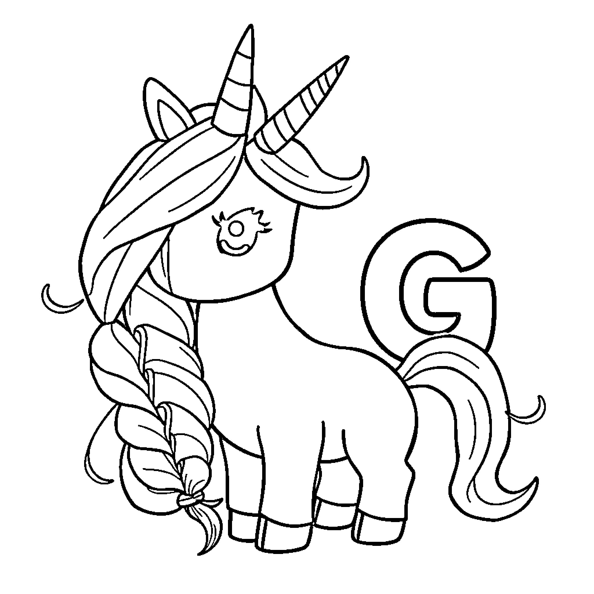 Unicorn with Whimsical Horns and Flowing Mane Coloring Page (free black-and-white line drawing printable PDF for all, from beginners to advanced learners, including children, teens, adults, and seniors)