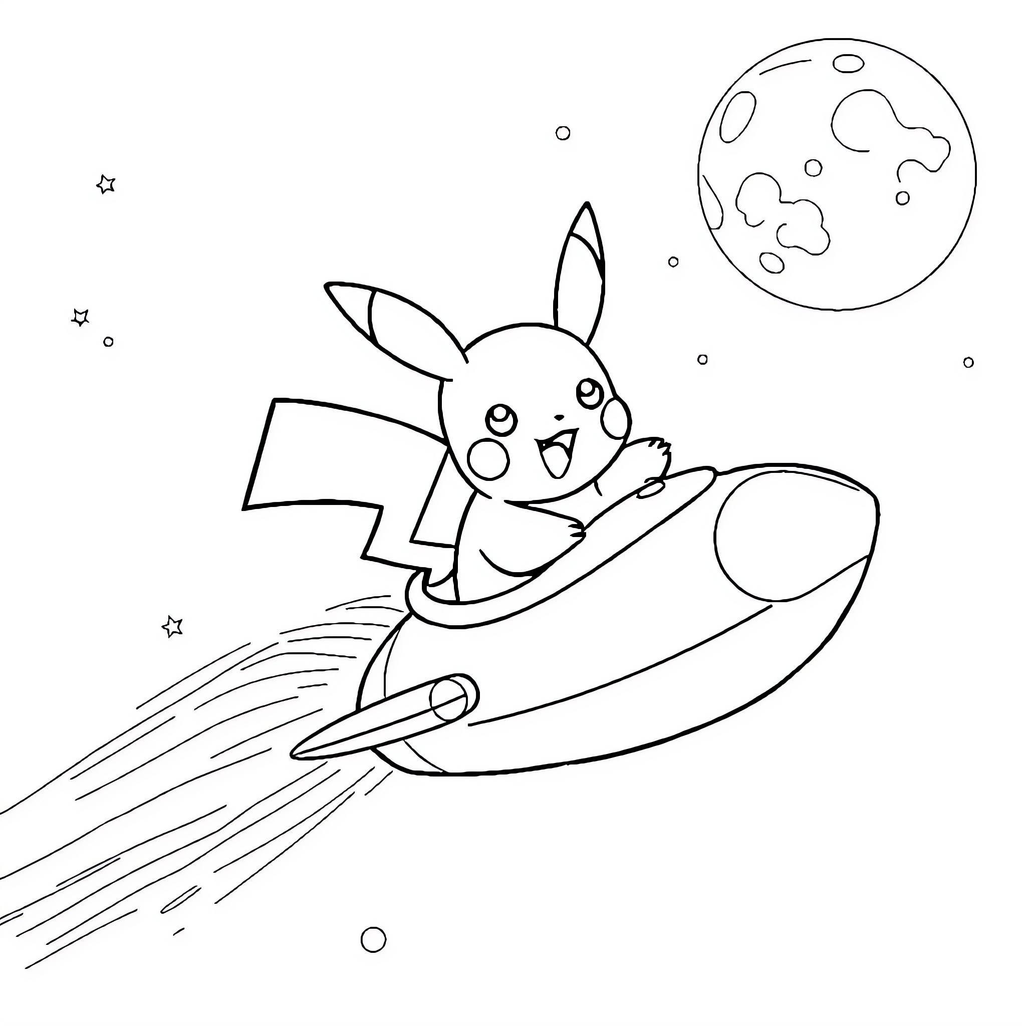 Pikachu riding a rocket ship to the moon Coloring Page (free black-and-white line drawing printable PDF for all, from beginners to advanced learners, including children, teens, adults, and seniors)