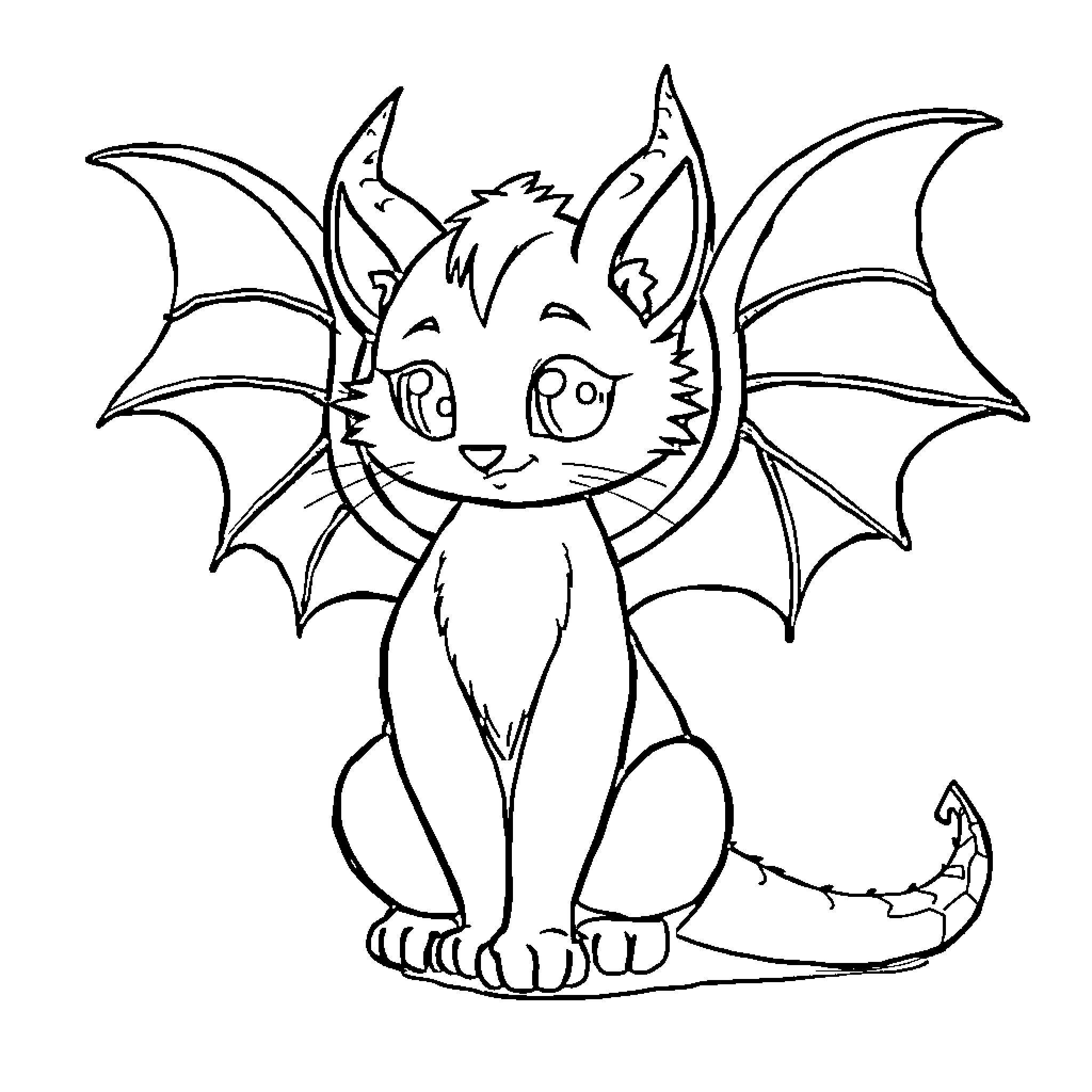 Cat Bat with Cute Expression Coloring Page (free black-and-white line drawing printable PDF for all, from beginners to advanced learners, including children, teens, adults, and seniors)