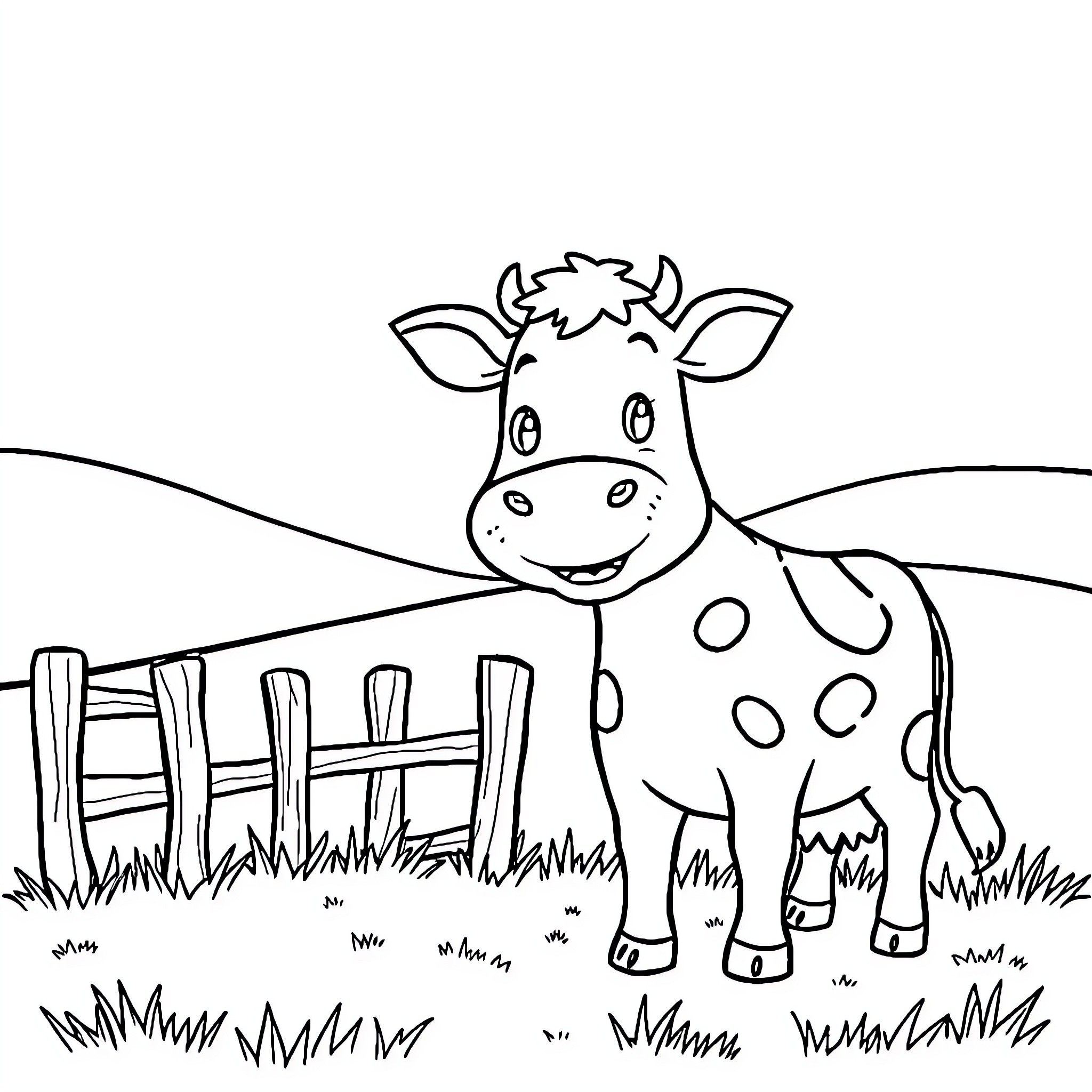 Cow enjoying a sunny day on the farm Coloring Page (free black-and-white line drawing printable PDF for all, from beginners to advanced learners, including children, teens, adults, and seniors)