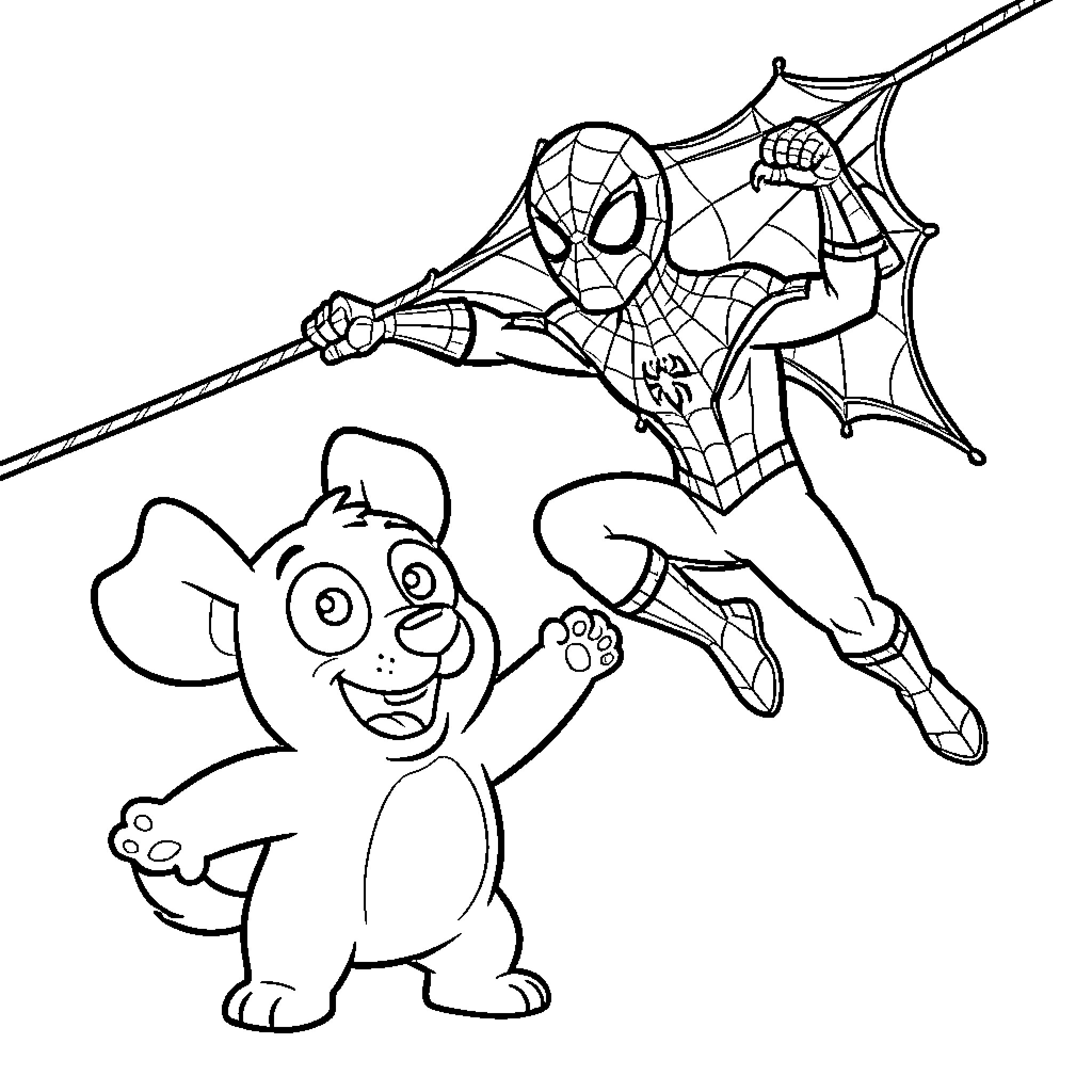 Bluey and Spider-Man team up for an adventure Coloring Page (free black-and-white line drawing printable PDF for all, from beginners to advanced learners, including children, teens, adults, and seniors)