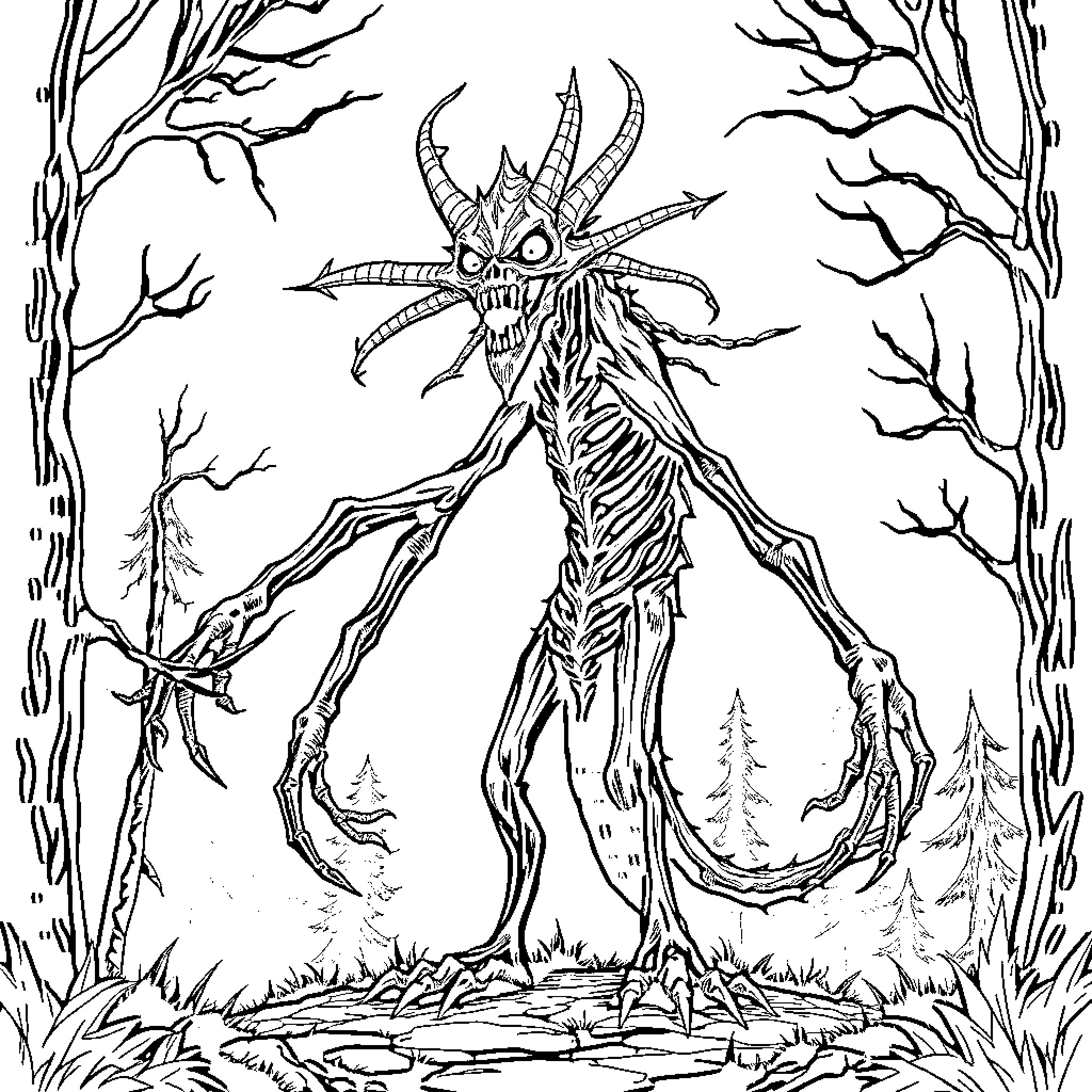 Sirenhead stalking through a dark forest Coloring Page (free black-and-white line drawing printable PDF for all, from beginners to advanced learners, including children, teens, adults, and seniors)