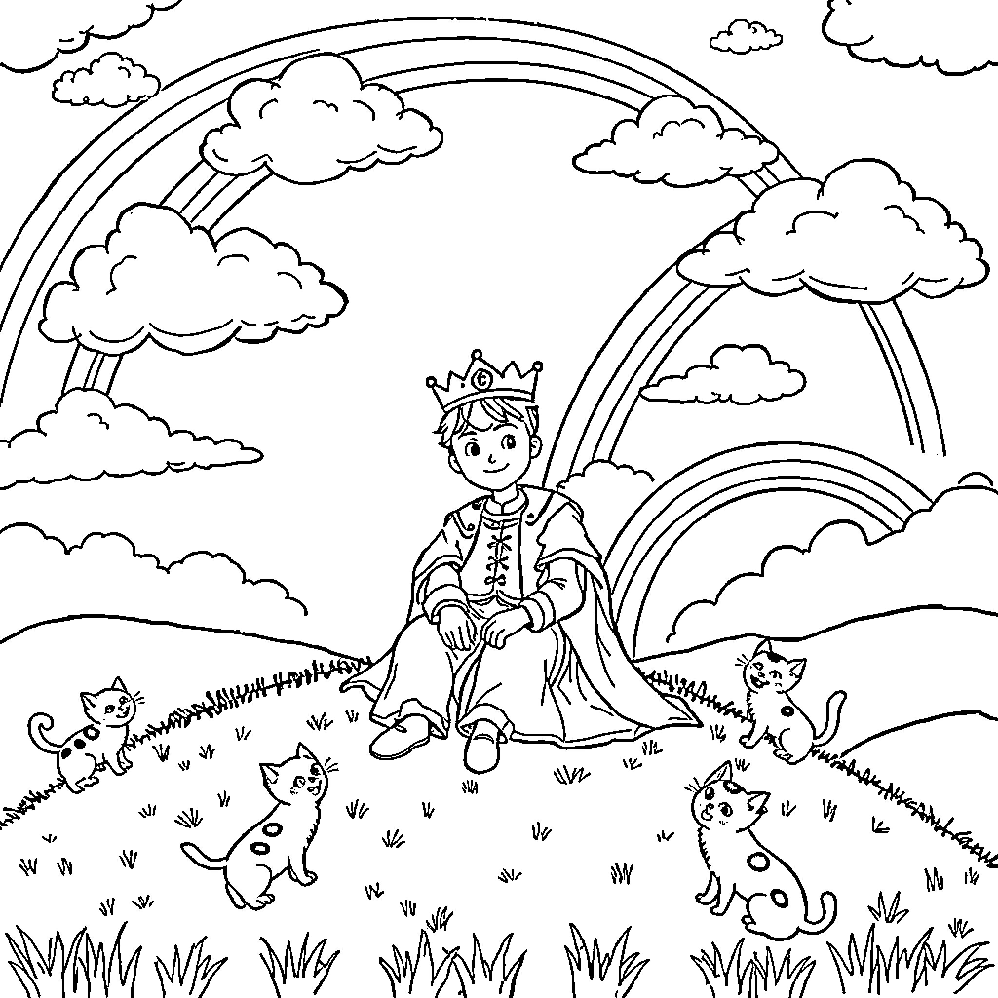 Prince Surrounded by Playful Cats in Scenic Landscape Coloring Page (free black-and-white line drawing printable PDF for all, from beginners to advanced learners, including children, teens, adults, and seniors)