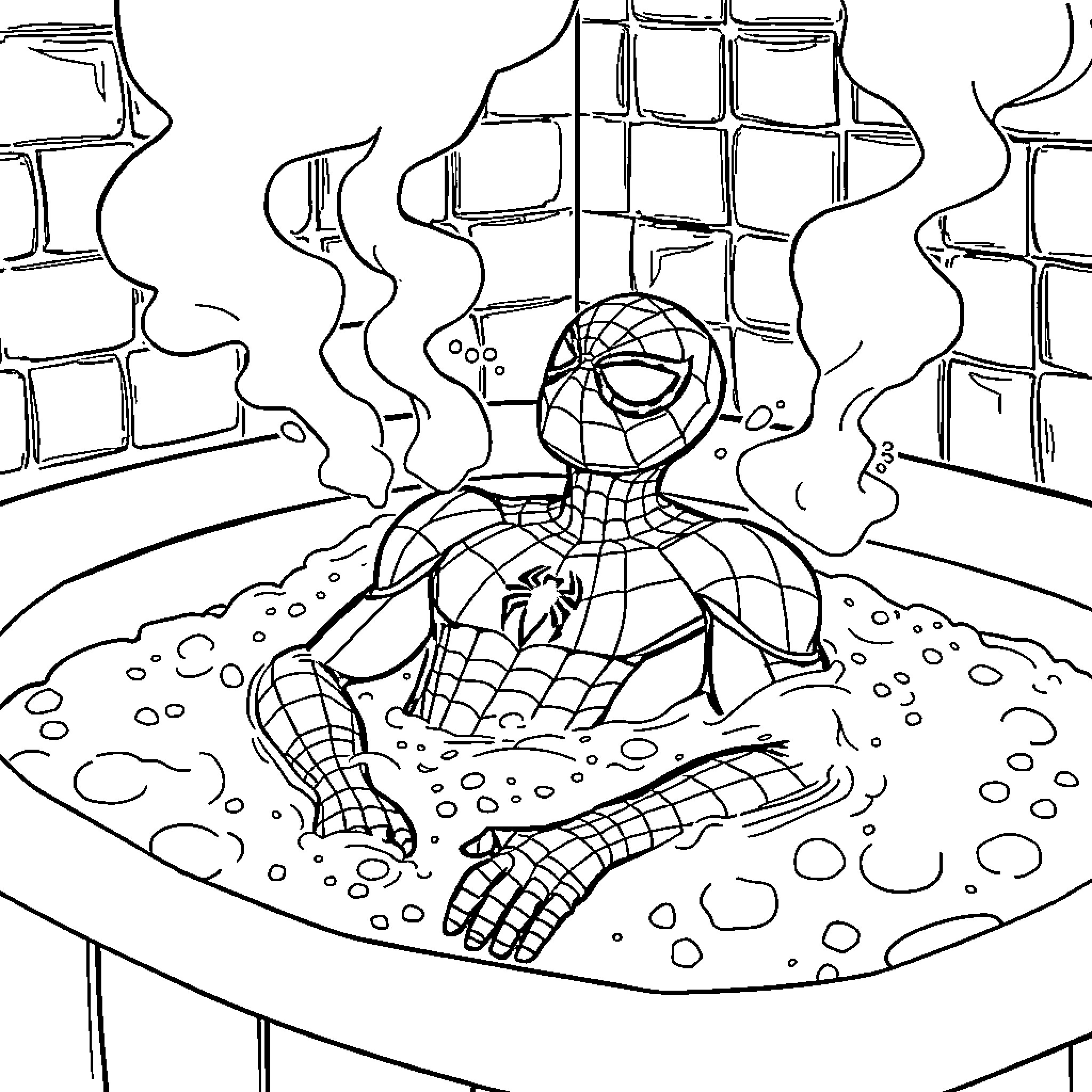 Spiderman caught in a web of trouble Coloring Page (free black-and-white line drawing printable PDF for all, from beginners to advanced learners, including children, teens, adults, and seniors)
