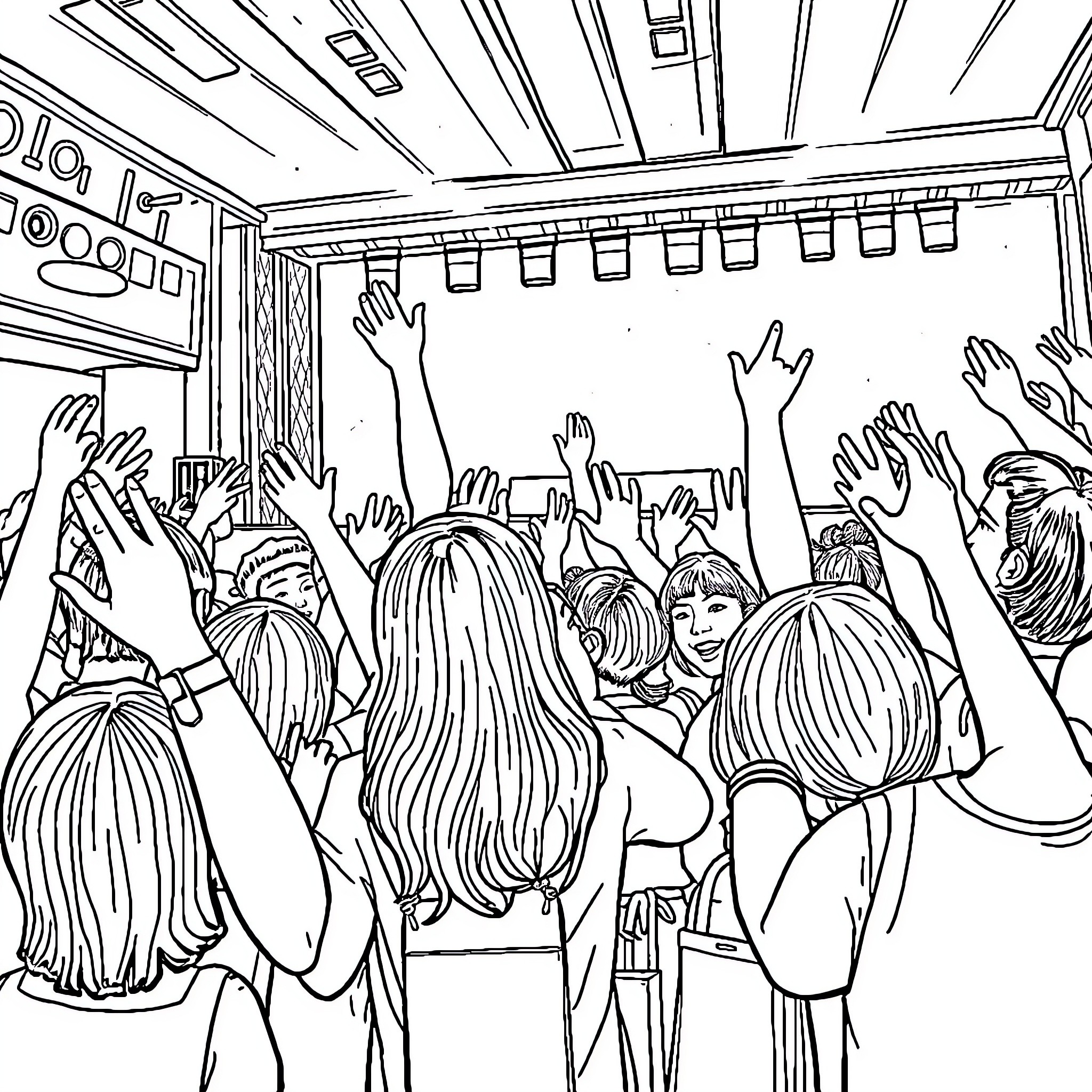 K Pop Crowd Cheering and Celebrating on Stage Coloring Page (free black-and-white line drawing printable PDF for all, from beginners to advanced learners, including children, teens, adults, and seniors)