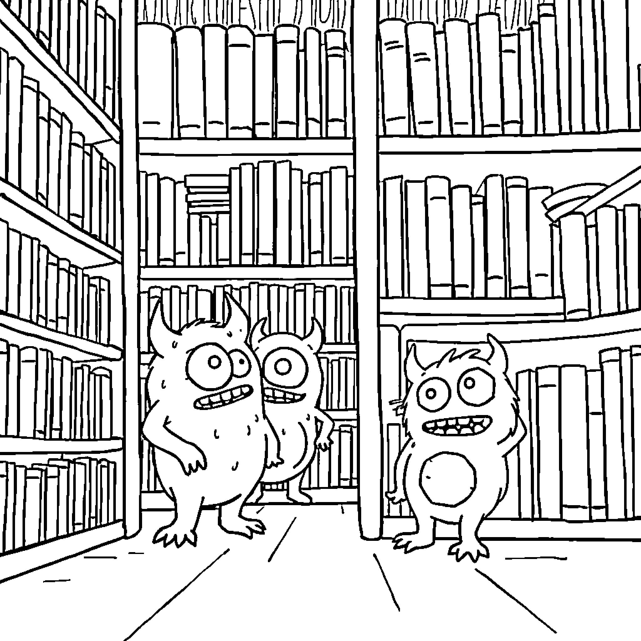 Monster Librarians Explore the Bookshelves Coloring Page (free black-and-white line drawing printable PDF for all, from beginners to advanced learners, including children, teens, adults, and seniors)