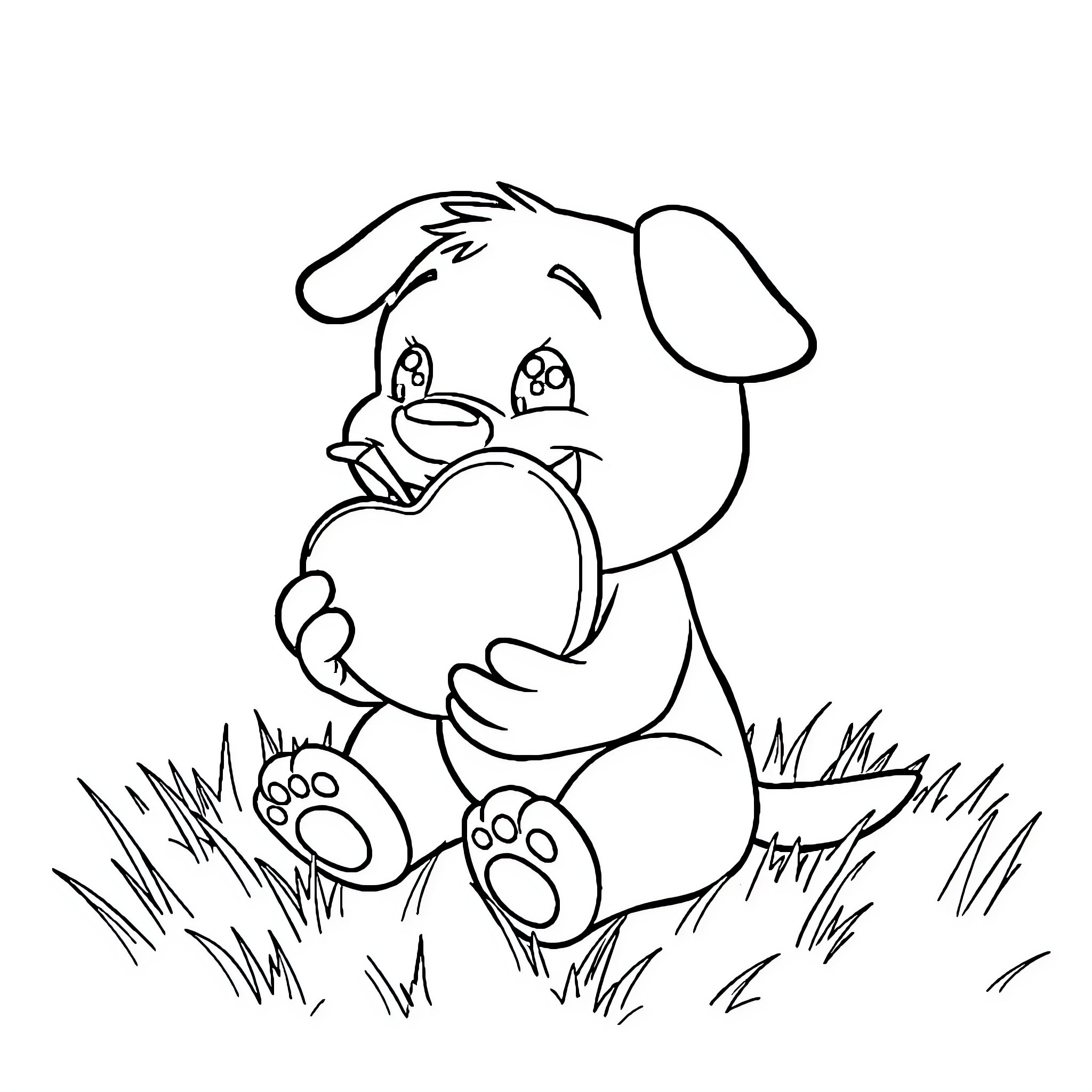 Bluey hugging a heart-shaped object in the grass Coloring Page (free black-and-white line drawing printable PDF for all, from beginners to advanced learners, including children, teens, adults, and seniors)