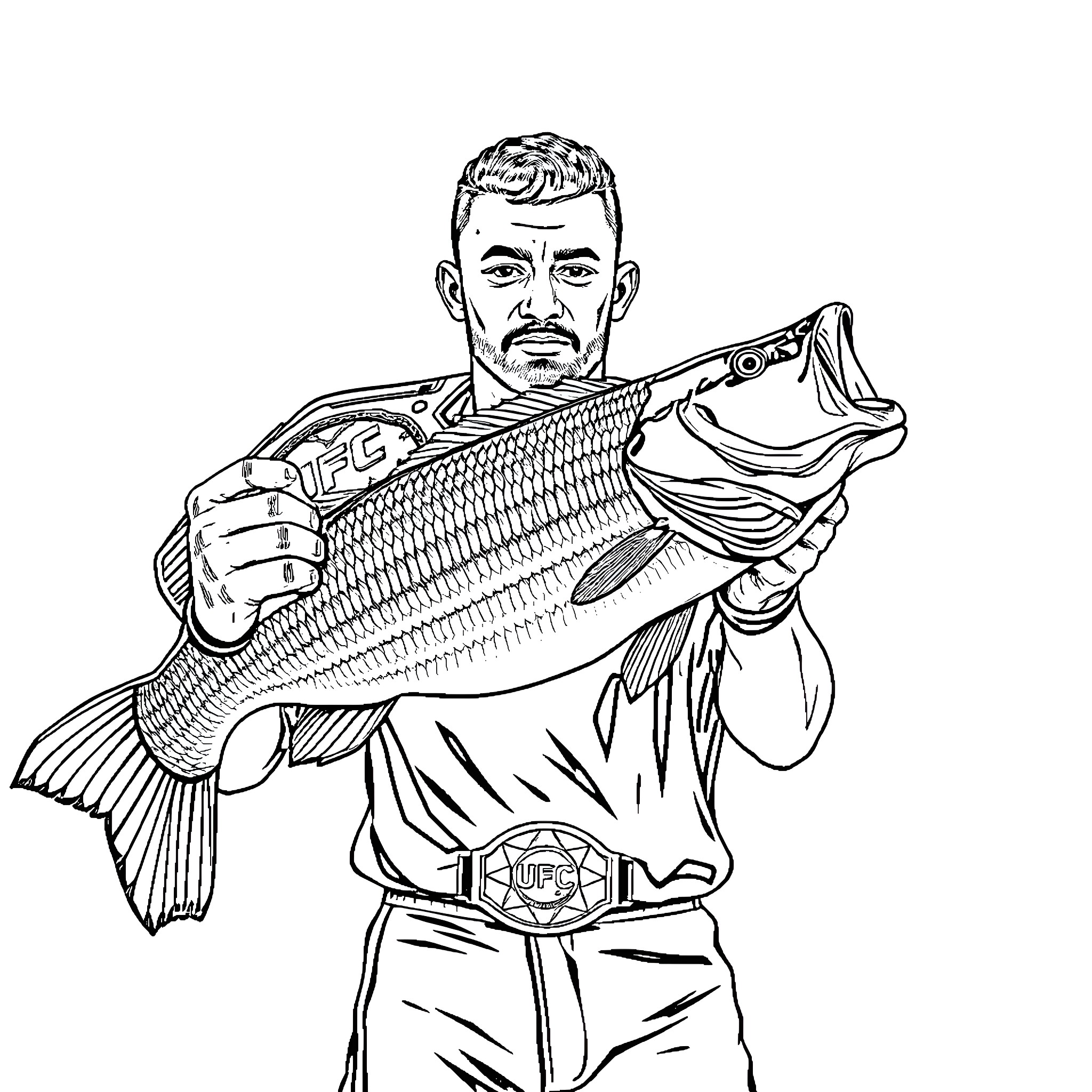 Islam Makhachev holding a large fish Coloring Page (free black-and-white line drawing printable PDF for all, from beginners to advanced learners, including children, teens, adults, and seniors)