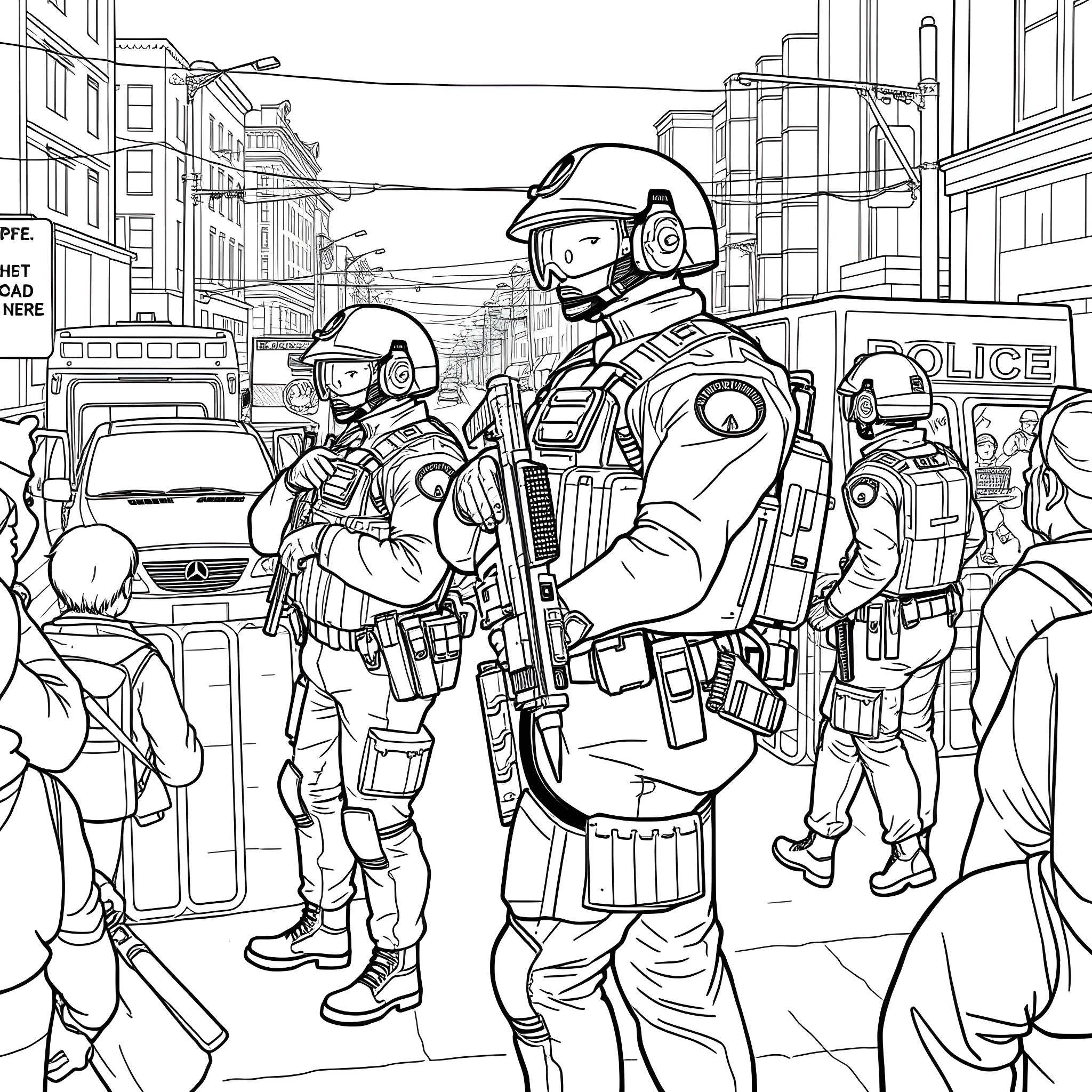 Police Presence in the City Streets Coloring Page (free black-and-white line drawing printable PDF for all, from beginners to advanced learners, including children, teens, adults, and seniors)