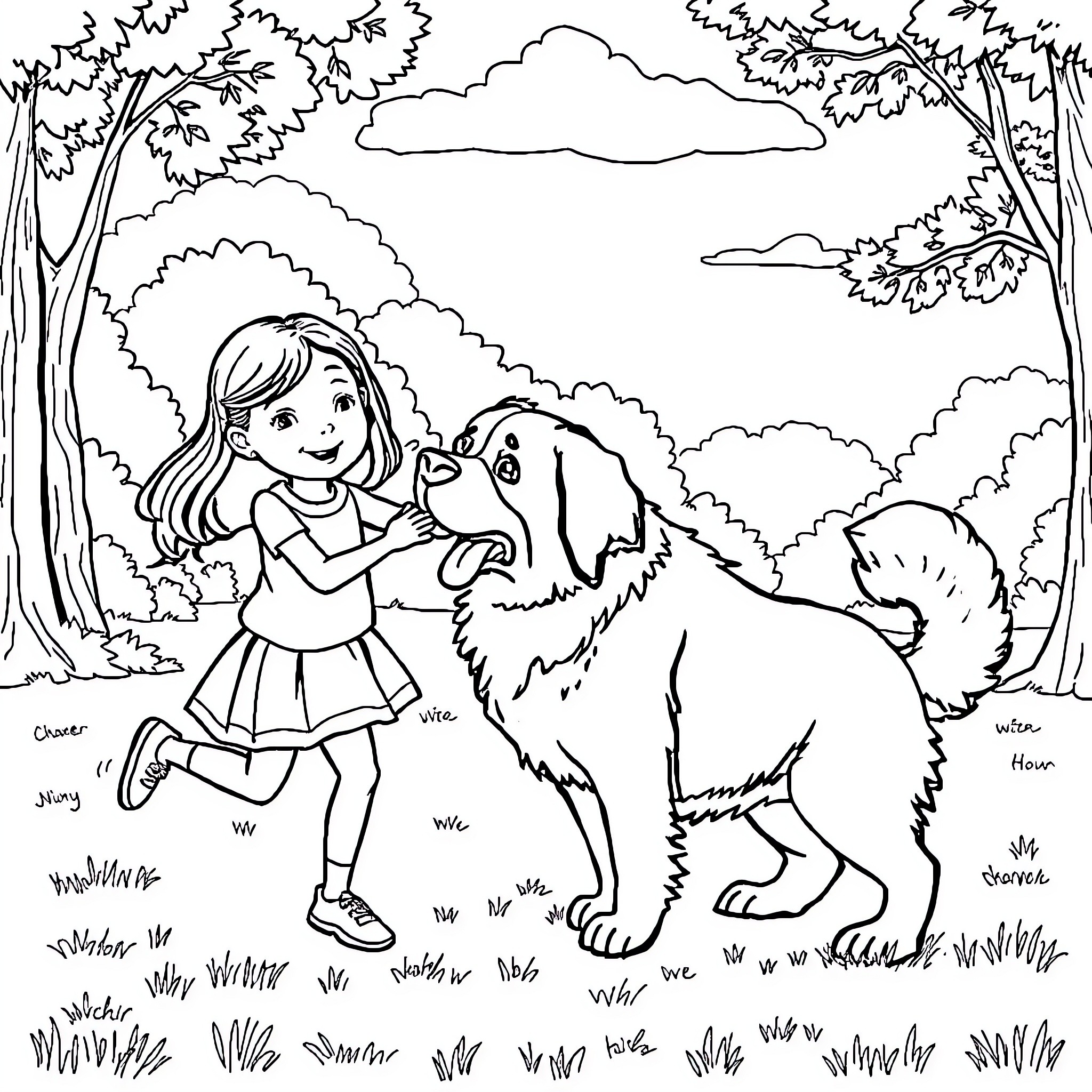 Girl playing happily with her pet dog in the forest Coloring Page (free black-and-white line drawing printable PDF for all, from beginners to advanced learners, including children, teens, adults, and seniors)