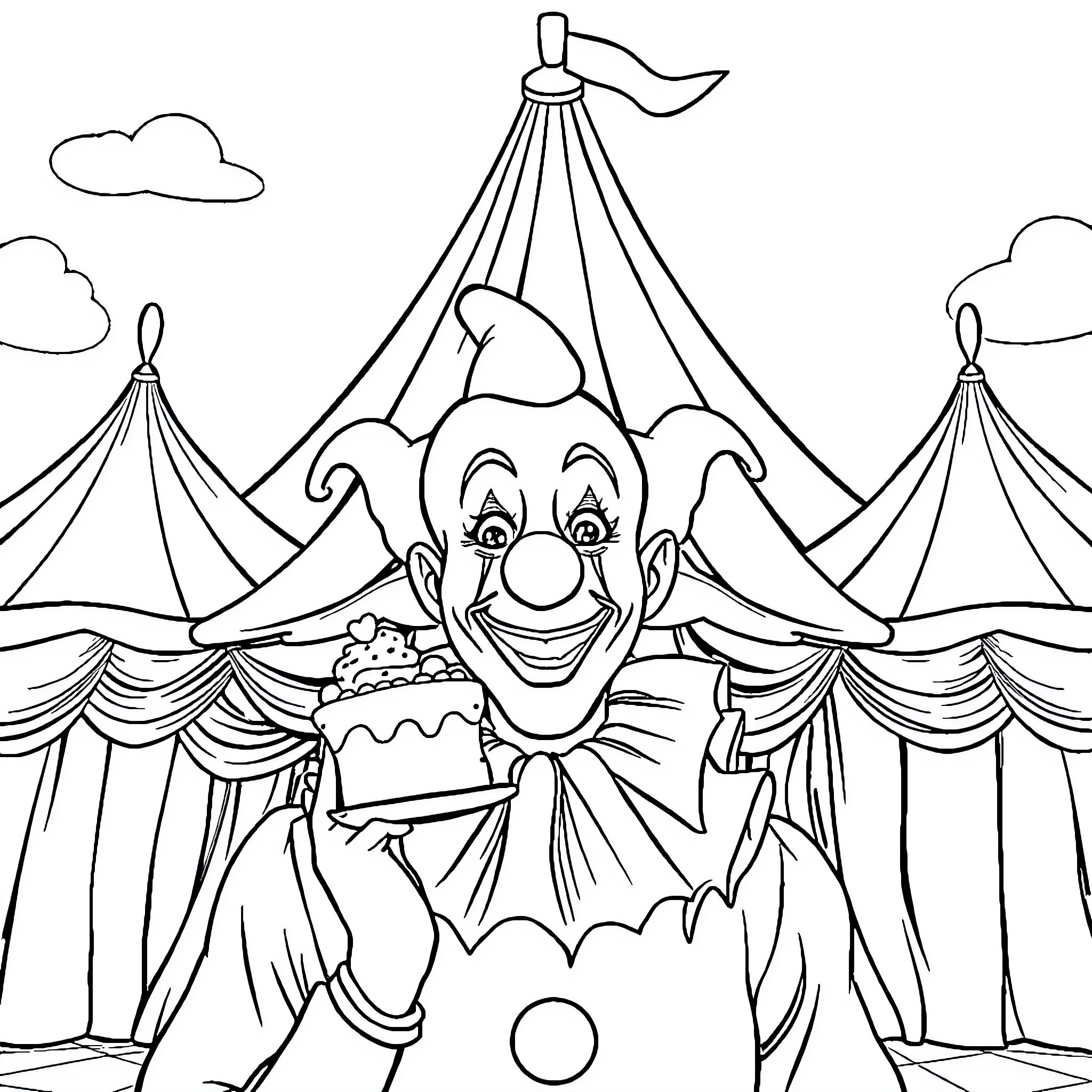 Clown performing with circus tents in the background Coloring Page (free black-and-white line drawing printable PDF for all, from beginners to advanced learners, including children, teens, adults, and seniors)