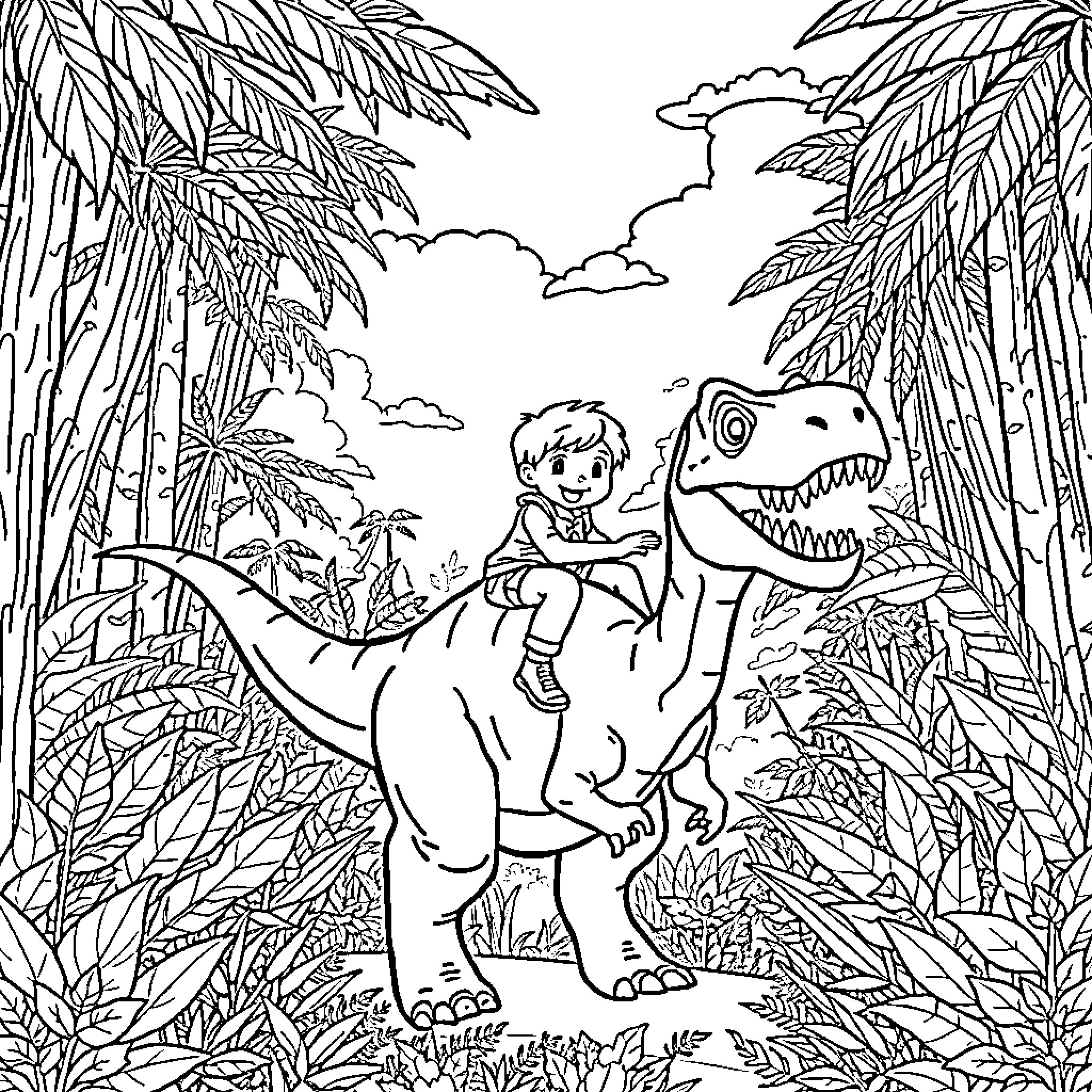 Boy riding a dinosaur in the jungle Coloring Page (free black-and-white line drawing printable PDF for all, from beginners to advanced learners, including children, teens, adults, and seniors)