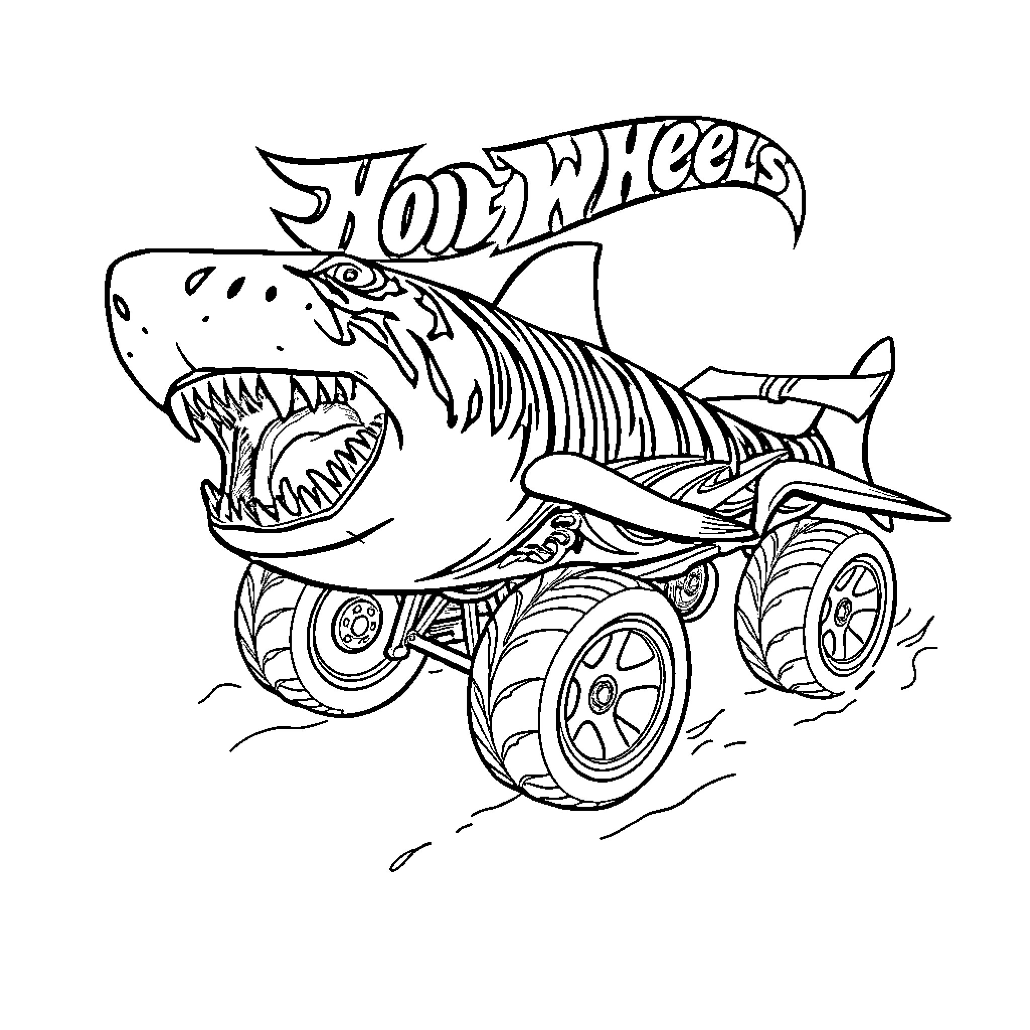 Tiger Shark Hot Wheels Monster Truck in Action Coloring Page (free black-and-white line drawing printable PDF for all, from beginners to advanced learners, including children, teens, adults, and seniors)