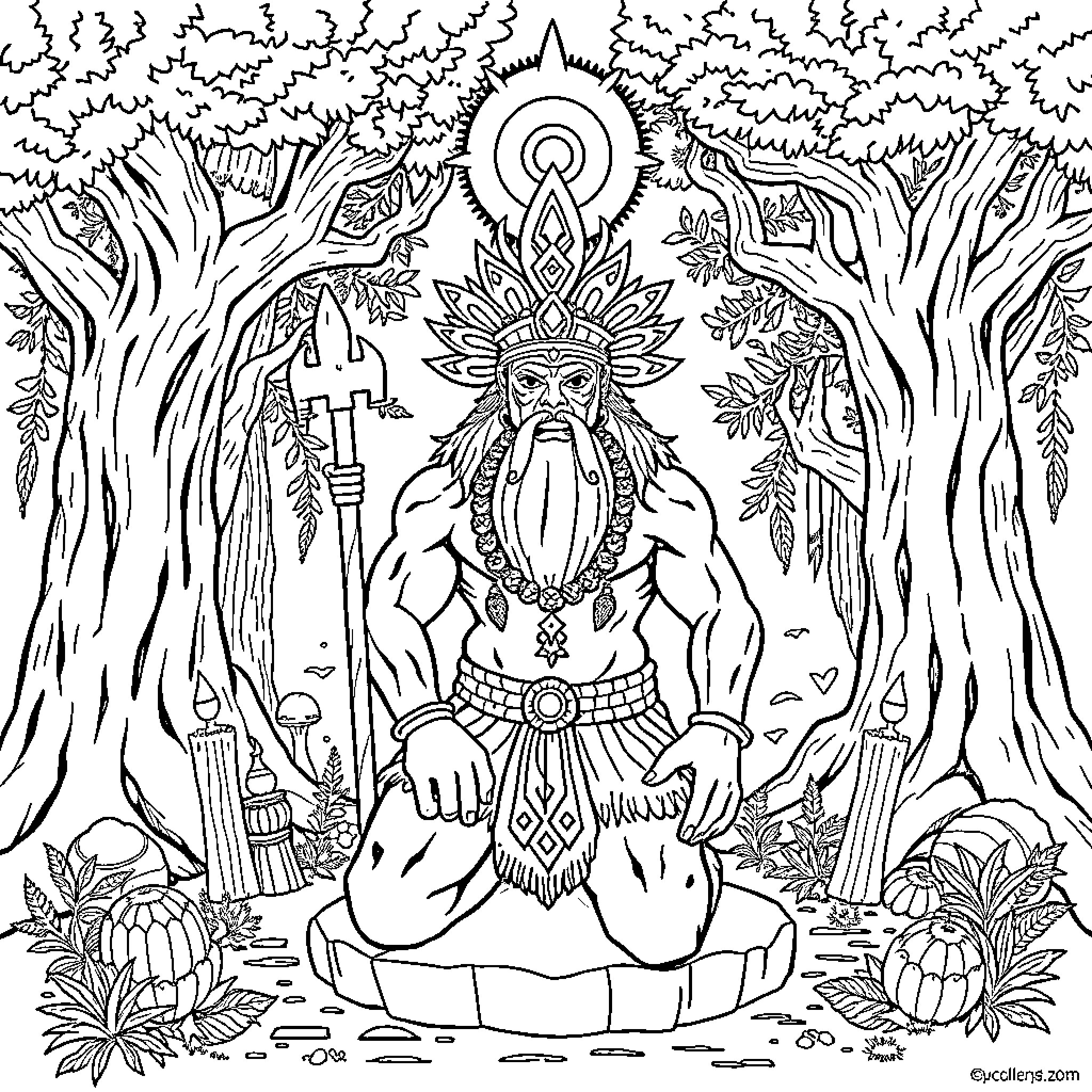Samoan God in Meditative Ritual Posture amid Lush Foliage Coloring Page (free black-and-white line drawing printable PDF for all, from beginners to advanced learners, including children, teens, adults, and seniors)