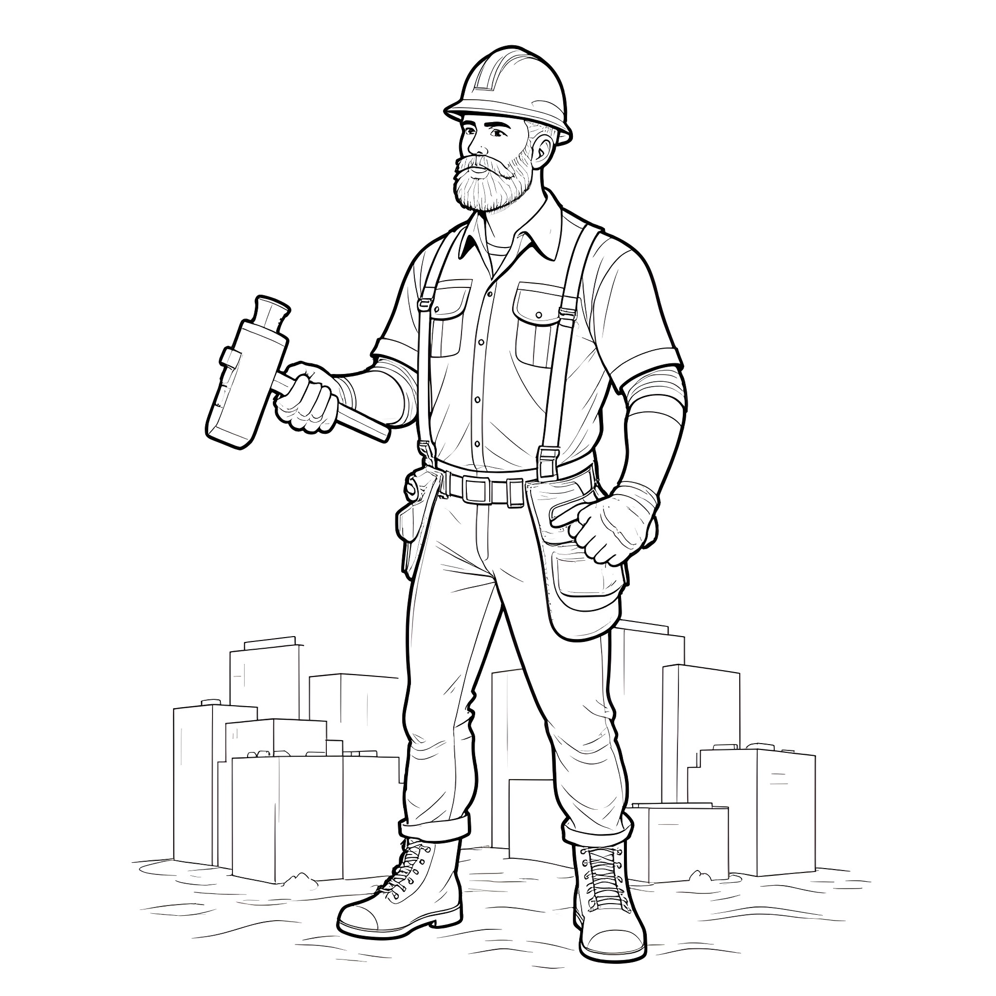 Construction Worker Holding Tools on Construction Site Coloring Page (free black-and-white line drawing printable PDF for all, from beginners to advanced learners, including children, teens, adults, and seniors)