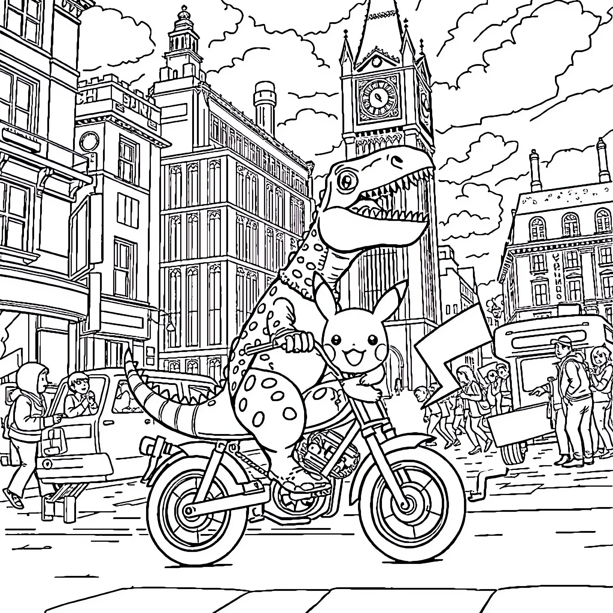 Dinosaur Riding Motorcycle in Busy City Street Coloring Page (free black-and-white line drawing printable PDF for all, from beginners to advanced learners, including children, teens, adults, and seniors)