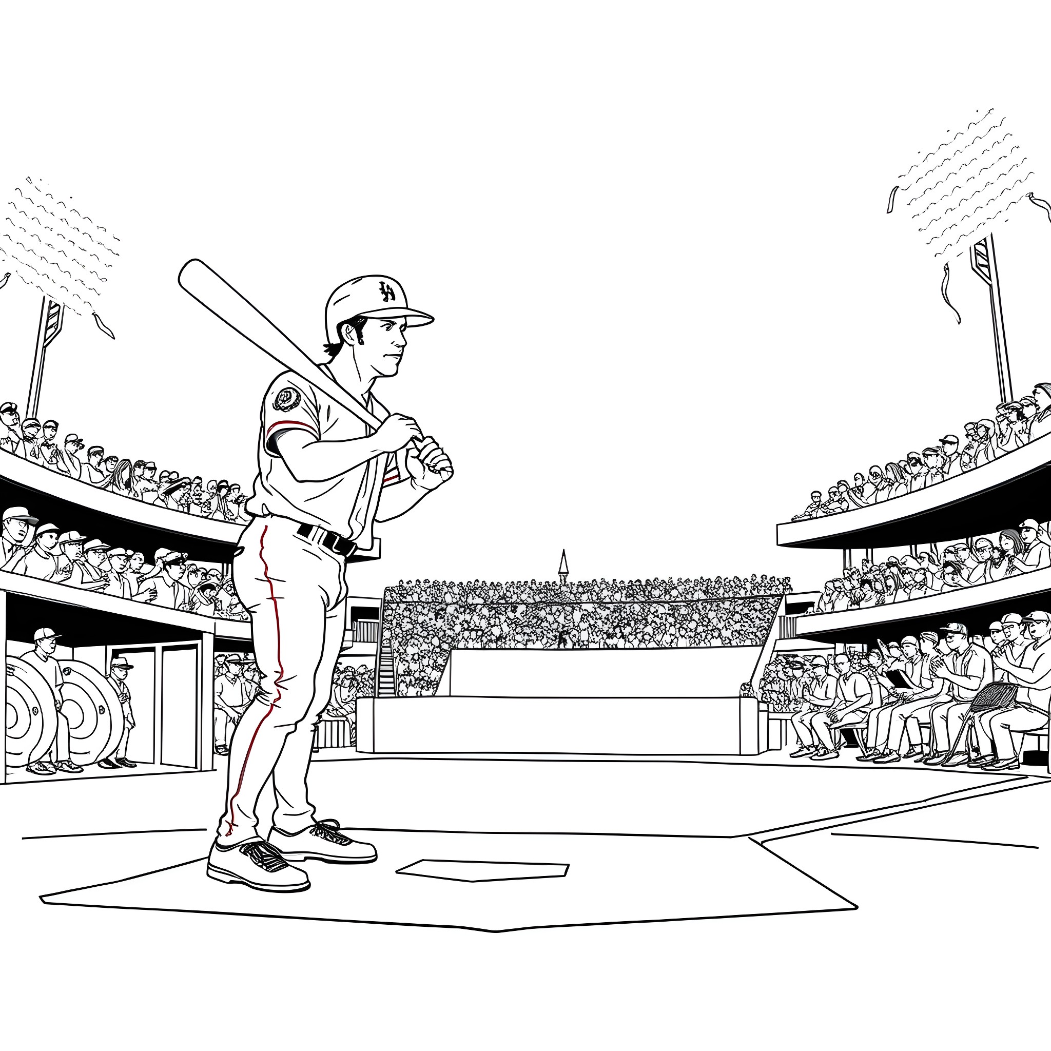 Baseball Player Batting at the Stadium Coloring Page (free black-and-white line drawing printable PDF for all, from beginners to advanced learners, including children, teens, adults, and seniors)