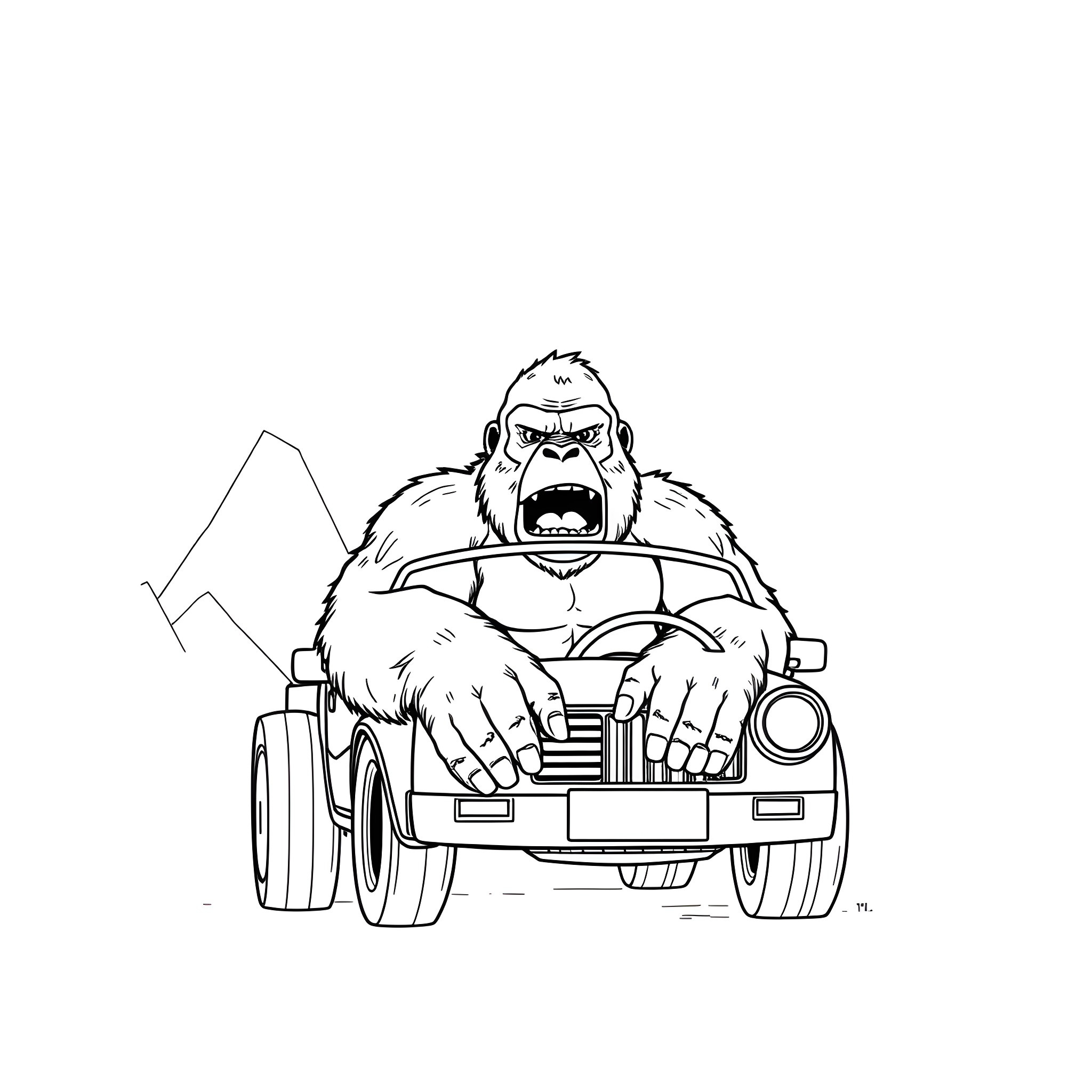 King Kong driving an angry monster truck Coloring Page (free black-and-white line drawing printable PDF for all, from beginners to advanced learners, including children, teens, adults, and seniors)